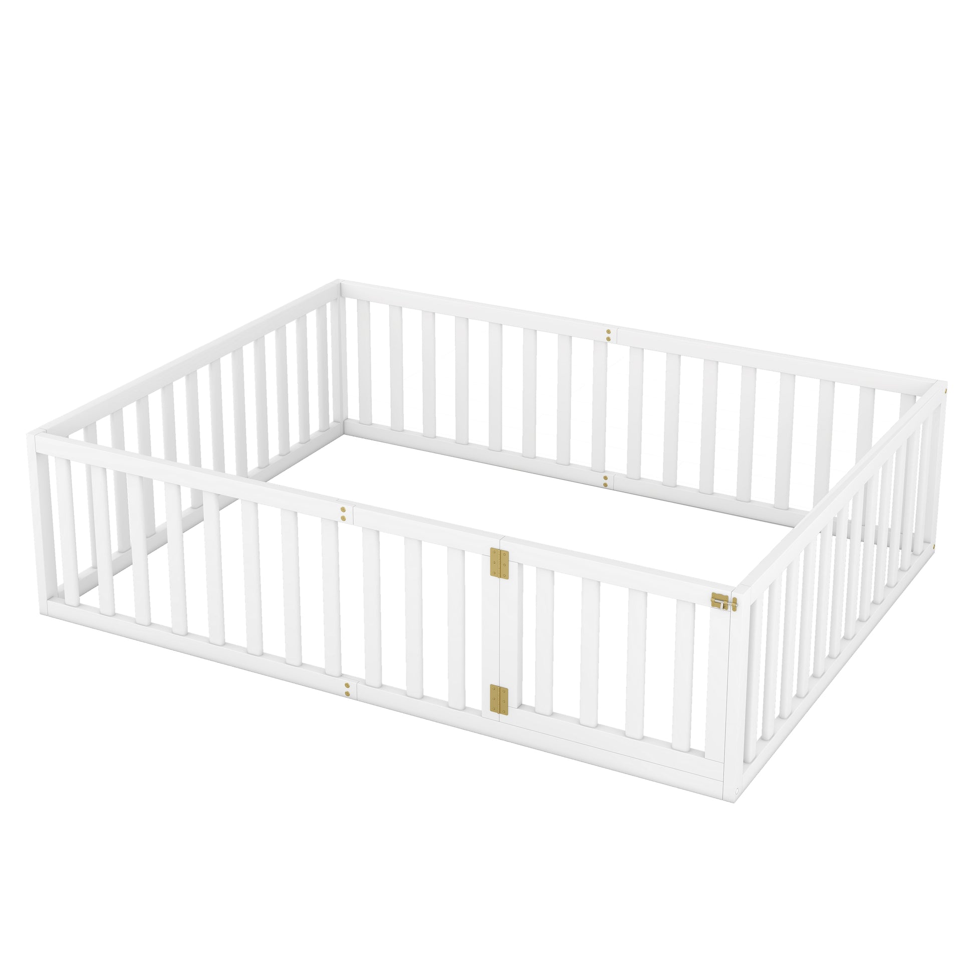 Queen Size Wood Floor Bed Frame With Fence And Door, White Old Sku:Wf289663Aak White Solid Wood