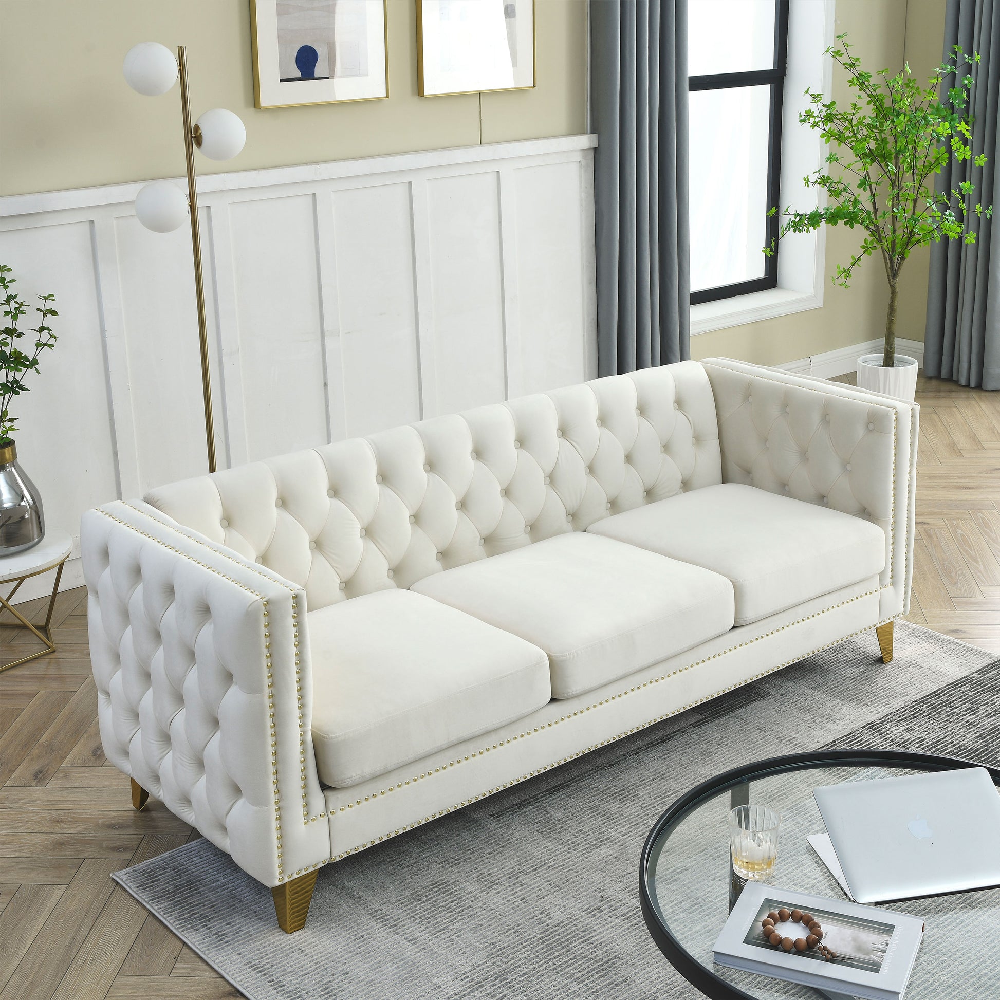 Contact Us For 3D Modeling Velvet Sofa For Living Room,Buttons Tufted Square Arm Couch, Modern Couch Upholstered Button And Metal Legs, Sofa Couch For Bedroom, Beige Velvet ,2Pcs Beige Foam Velvet