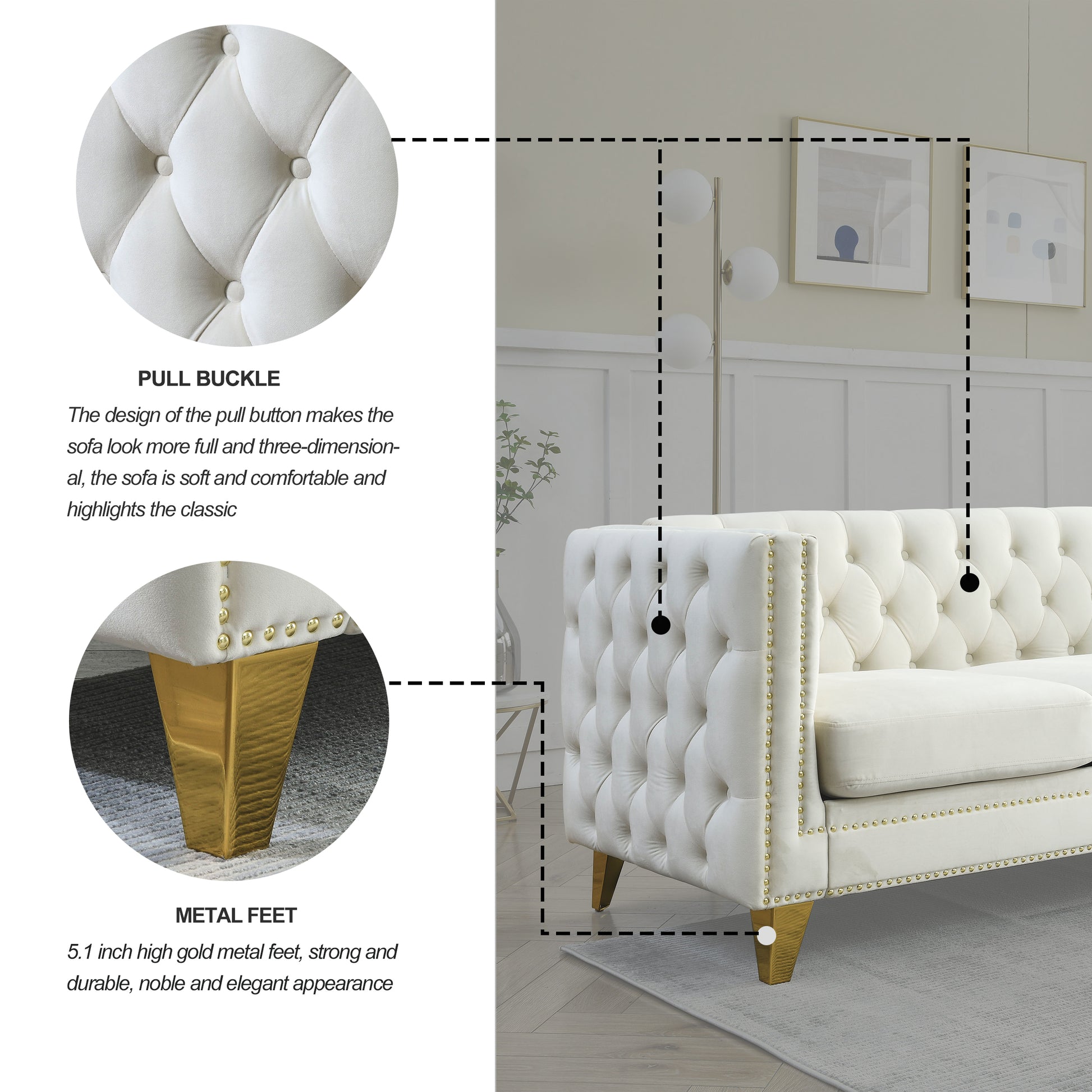 Contact Us For 3D Modeling Velvet Sofa For Living Room,Buttons Tufted Square Arm Couch, Modern Couch Upholstered Button And Metal Legs, Sofa Couch For Bedroom, Beige Velvet ,2Pcs Beige Foam Velvet