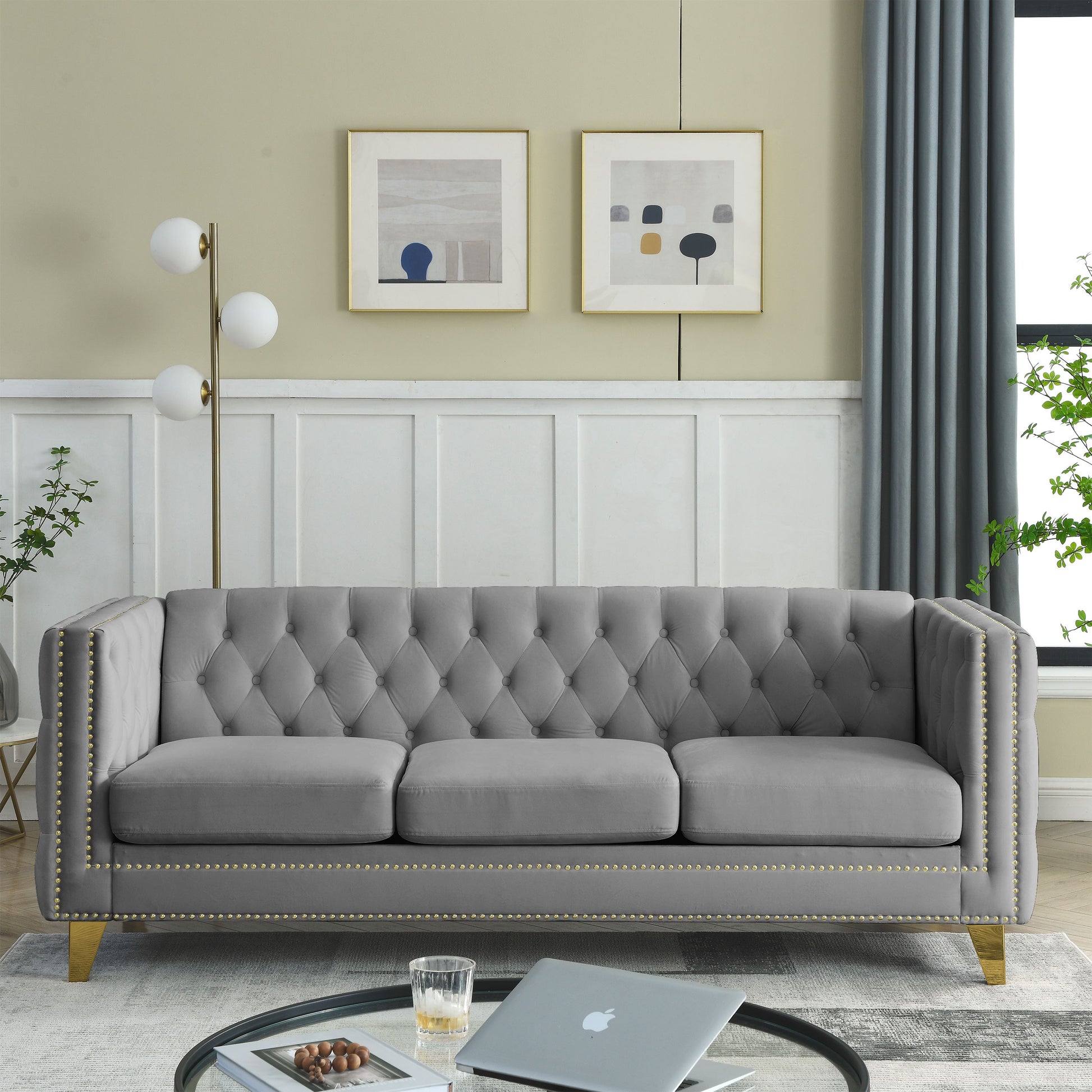 Contact Us For 3D Modeling Velvet Sofa For Living Room,Buttons Tufted Square Arm Couch, Modern Couch Upholstered Button And Metal Legs, Sofa Couch For Bedroom, Grey Velvet .2Pcs Gray Foam Velvet