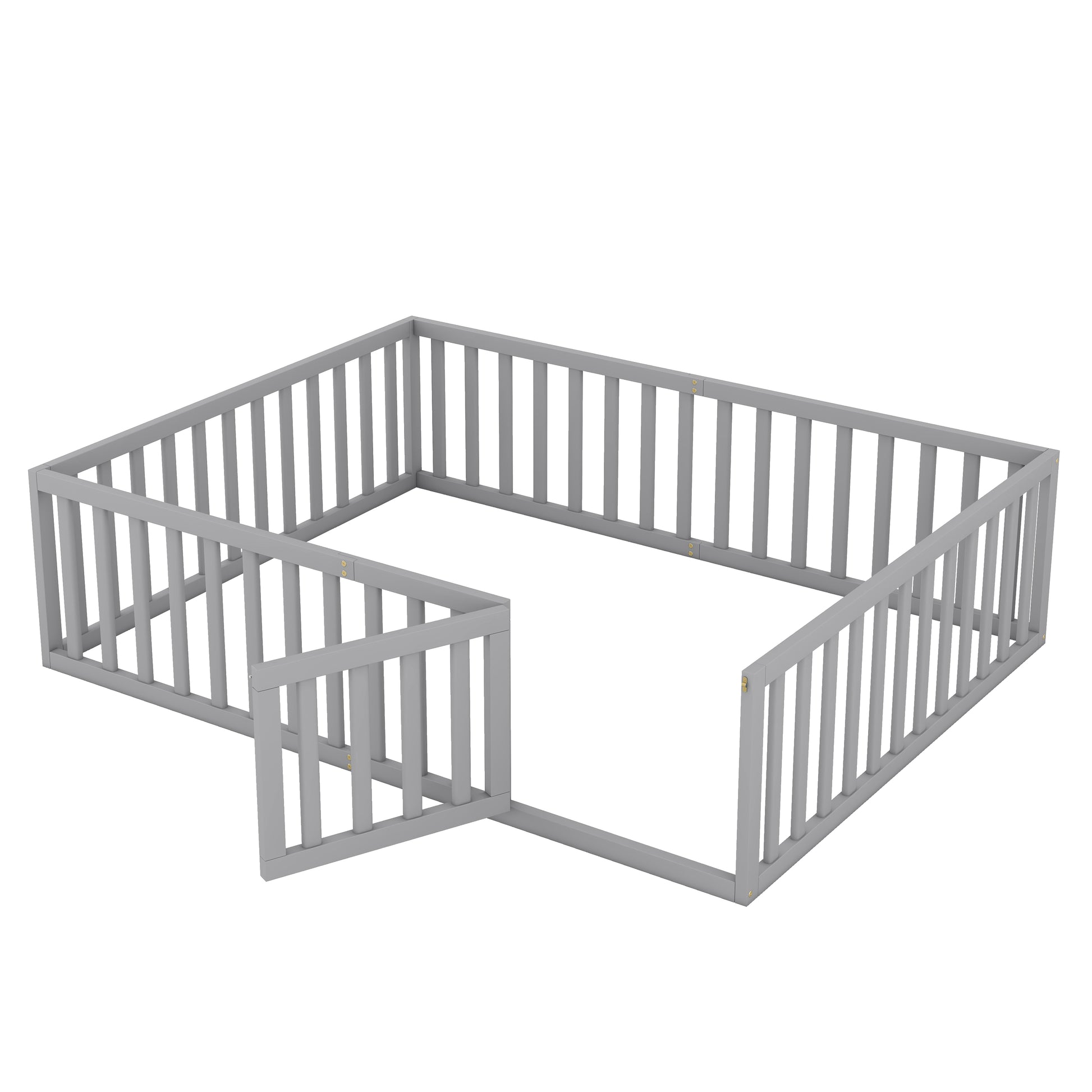 Queen Size Wood Floor Bed Frame With Fence And Door, Gray Old Sku:Wf289663Aae Gray Solid Wood