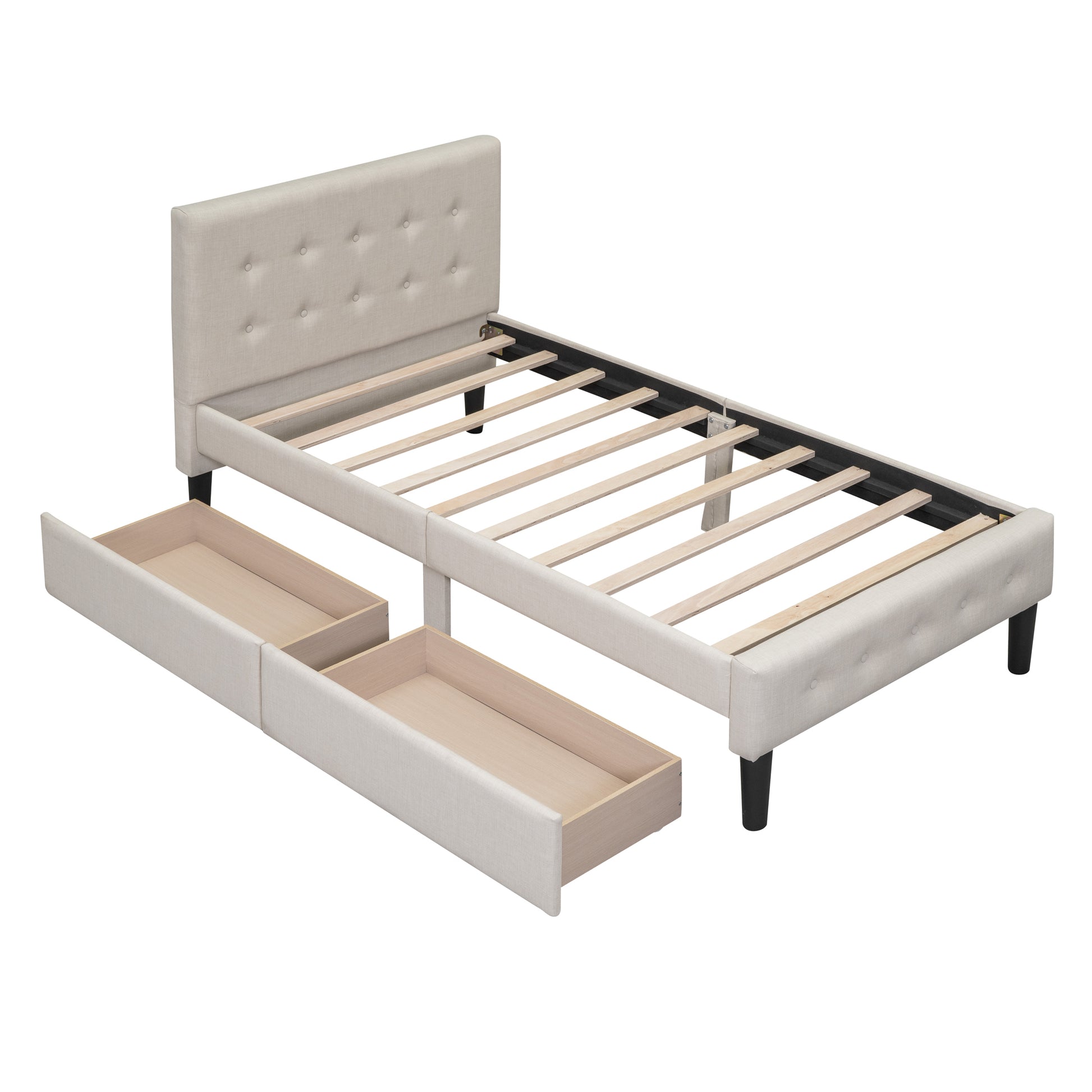 Twin Size Upholstered Platform Bed With 2 Drawers, Beige Beige Upholstered