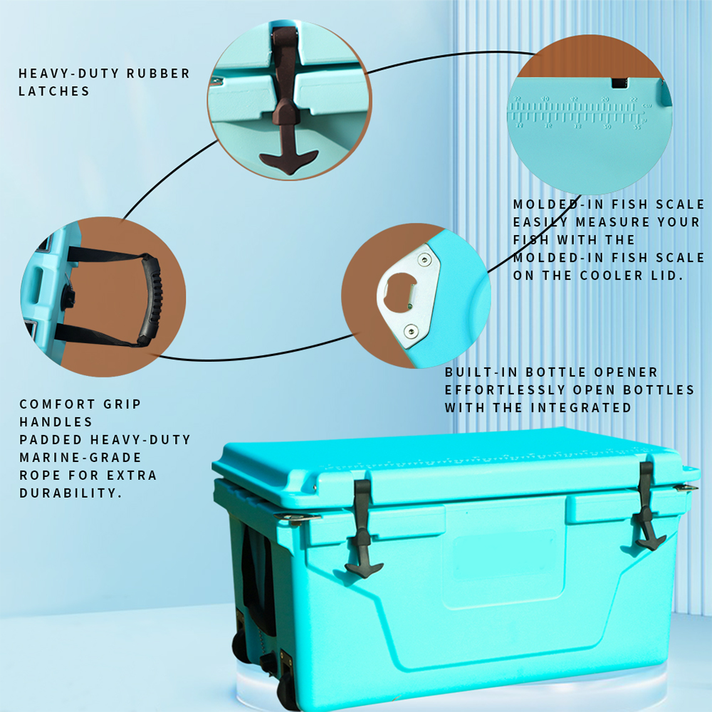 Hot Selling Blue Color 65Qt Outdoor Cooler Fish Ice Chest Box 2022 Popular Camping Cooler Box Blue Abs Plastic