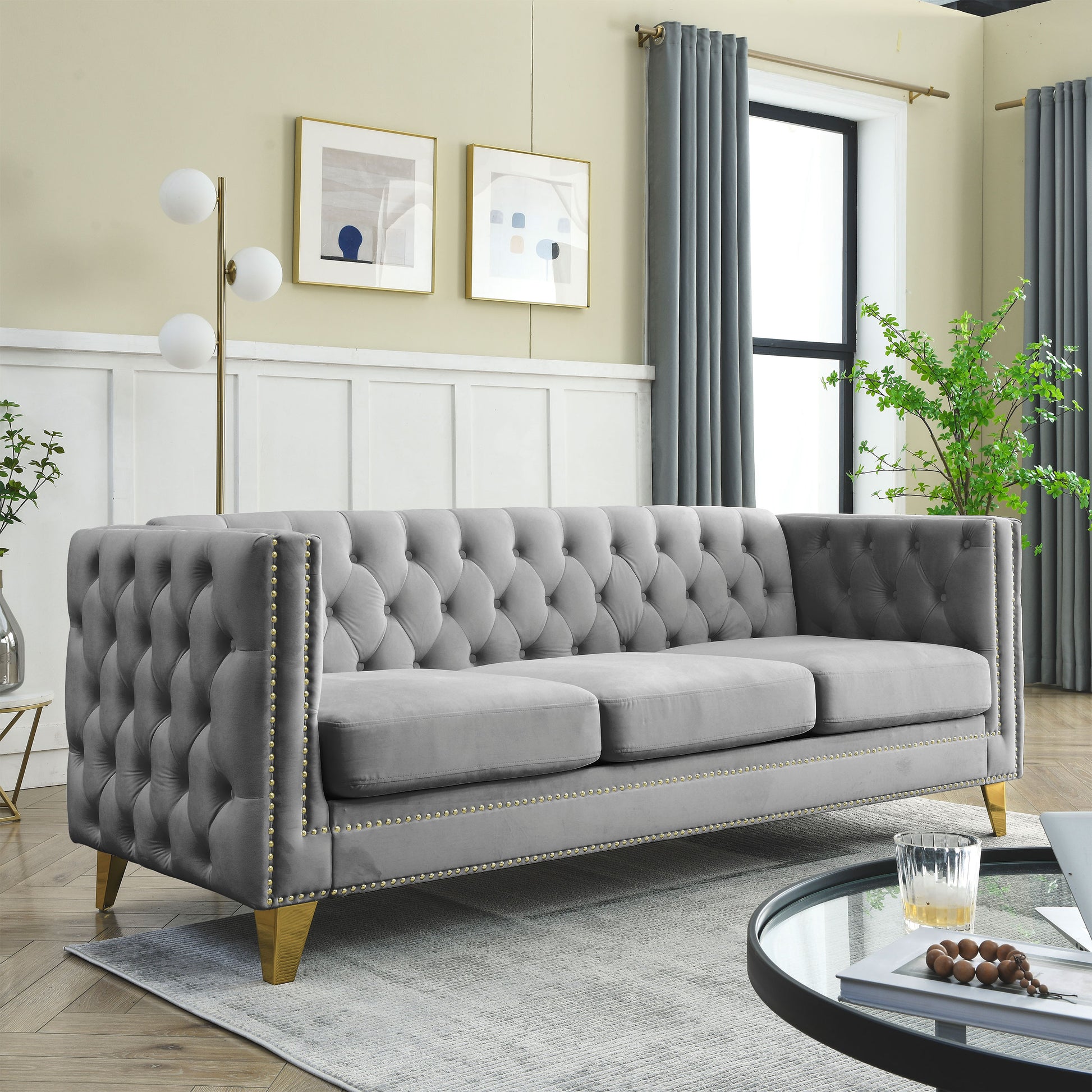 Contact Us For 3D Modeling Velvet Sofa For Living Room,Buttons Tufted Square Arm Couch, Modern Couch Upholstered Button And Metal Legs, Sofa Couch For Bedroom, Grey Velvet .2Pcs Gray Foam Velvet