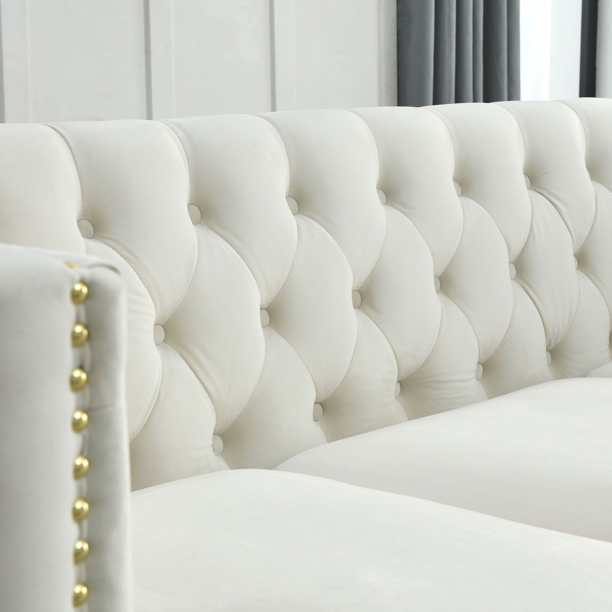 Contact Us For 3D Modeling Velvet Sofa For Living Room,Buttons Tufted Square Arm Couch, Modern Couch Upholstered Button And Metal Legs, Sofa Couch For Bedroom, Beige Velvet ,2Pcs Beige Foam Velvet