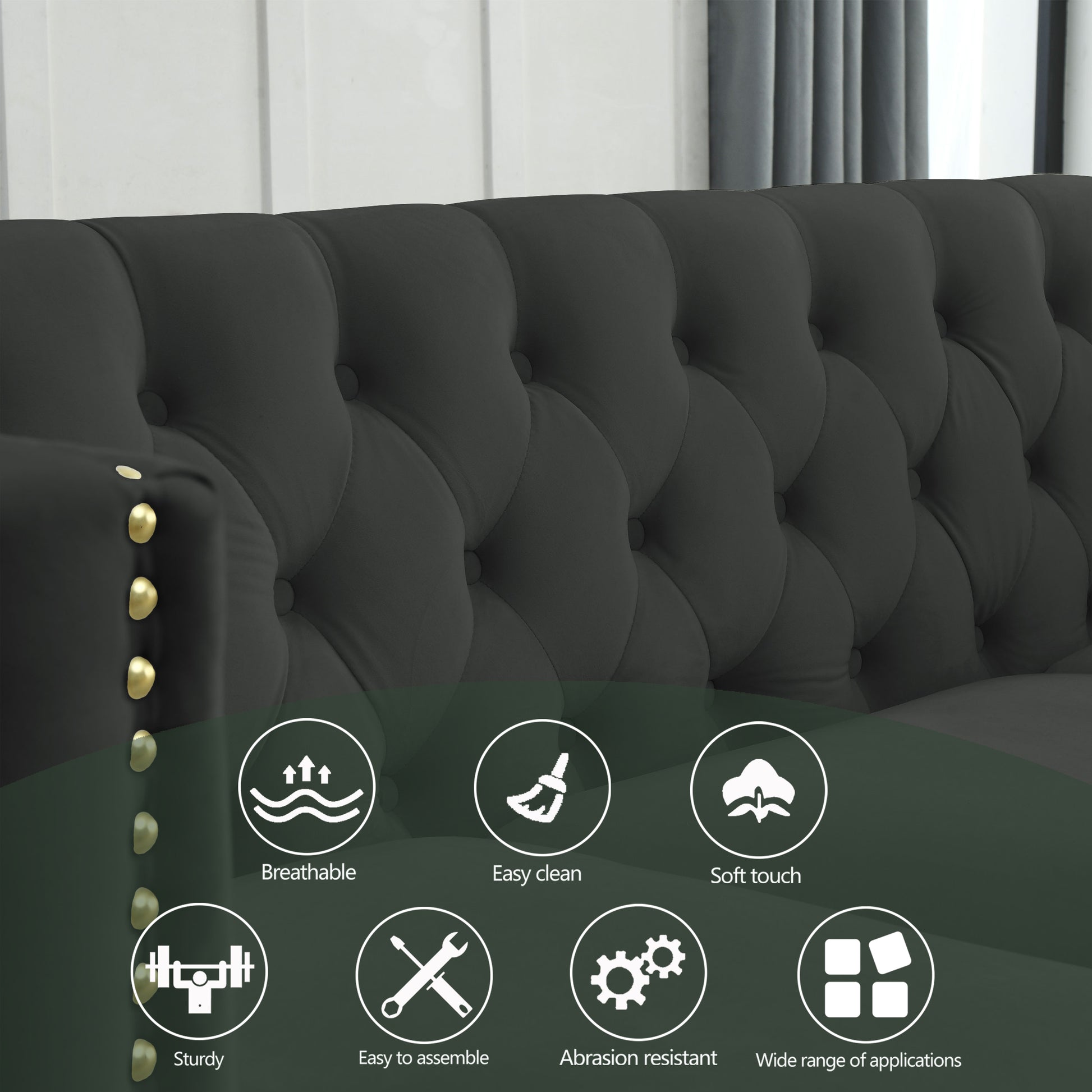 Contact Us For 3D Modeling Velvet Sofa For Living Room,Buttons Tufted Square Arm Couch, Modern Couch Upholstered Button And Metal Legs, Sofa Couch For Bedroom, Black Velvet W834S00022 Black Foam Velvet