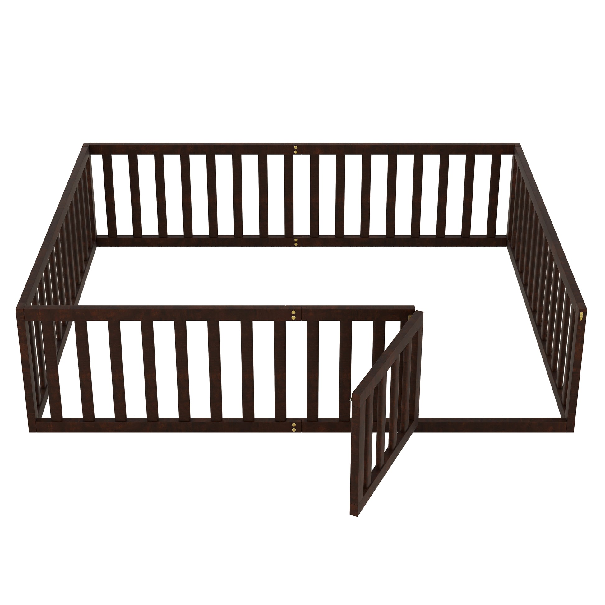 Queen Size Wood Floor Bed Frame With Fence And Door, Walnut Old Sku:Wf289663Aal Walnut Solid Wood