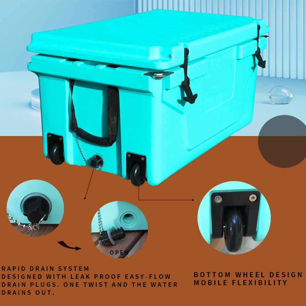 Hot Selling Blue Color 65Qt Outdoor Cooler Fish Ice Chest Box 2022 Popular Camping Cooler Box Blue Abs Plastic