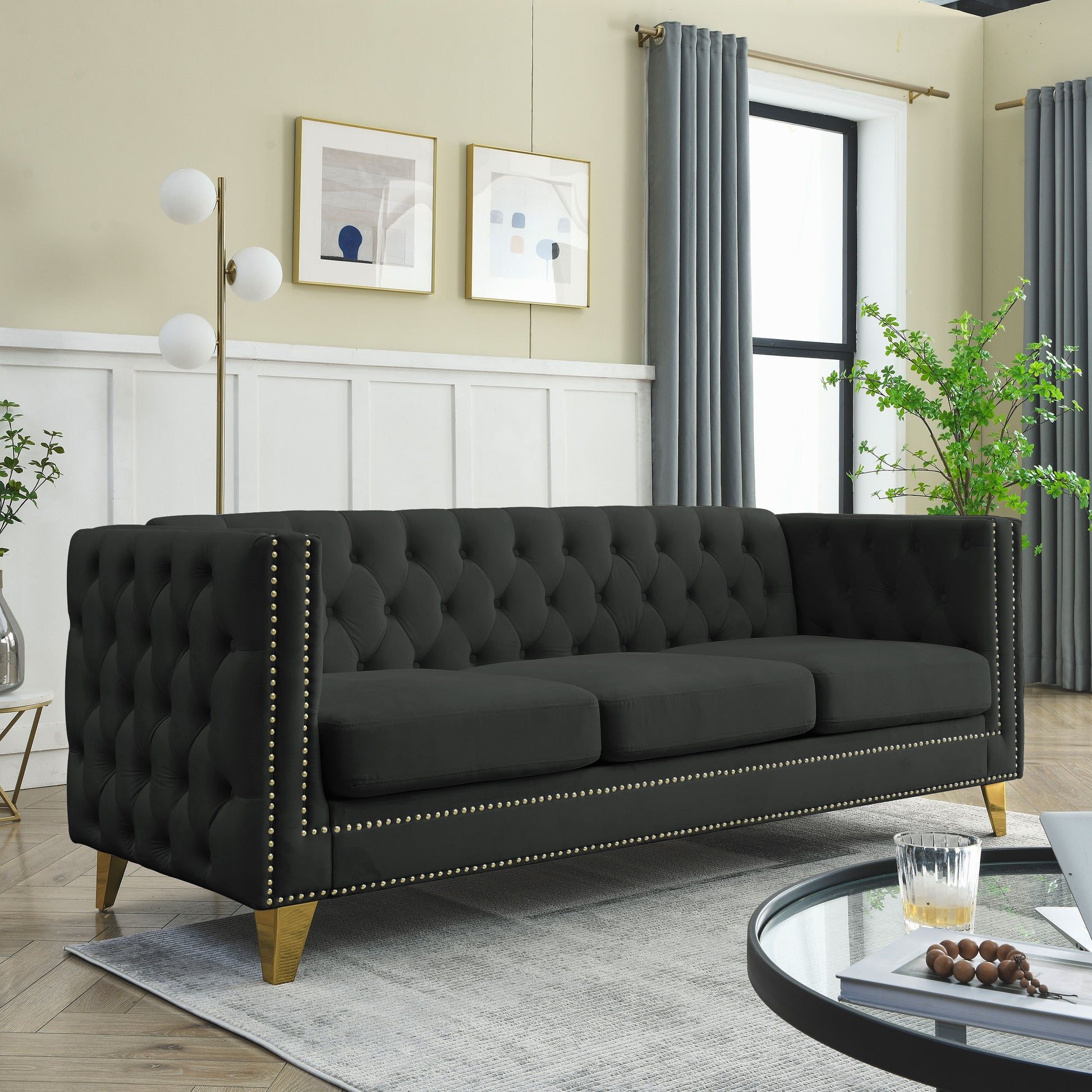 Contact Us For 3D Modeling Velvet Sofa For Living Room,Buttons Tufted Square Arm Couch, Modern Couch Upholstered Button And Metal Legs, Sofa Couch For Bedroom, Black Velvet W834S00022 Black Foam Velvet