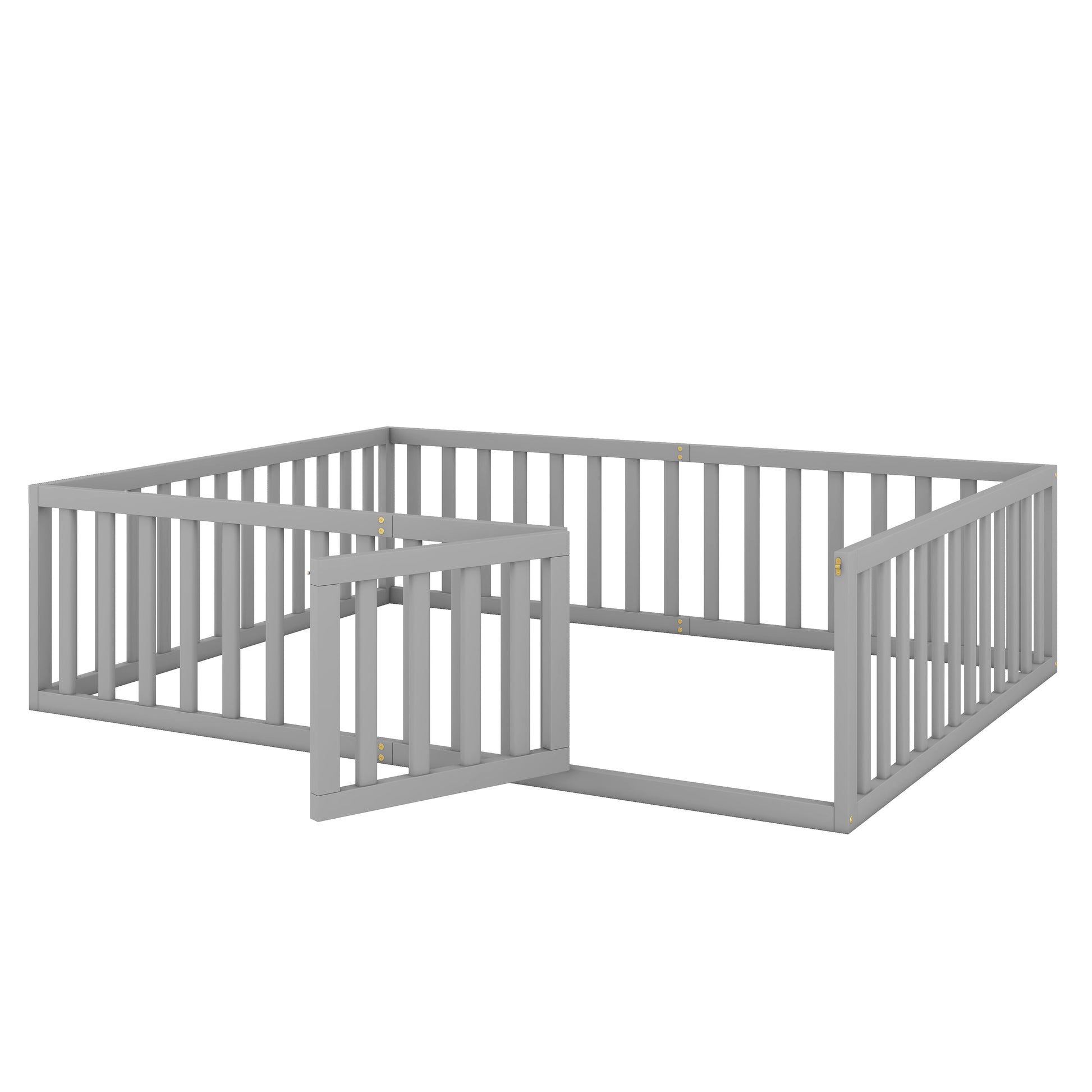 Queen Size Wood Floor Bed Frame With Fence And Door, Gray Old Sku:Wf289663Aae Gray Solid Wood