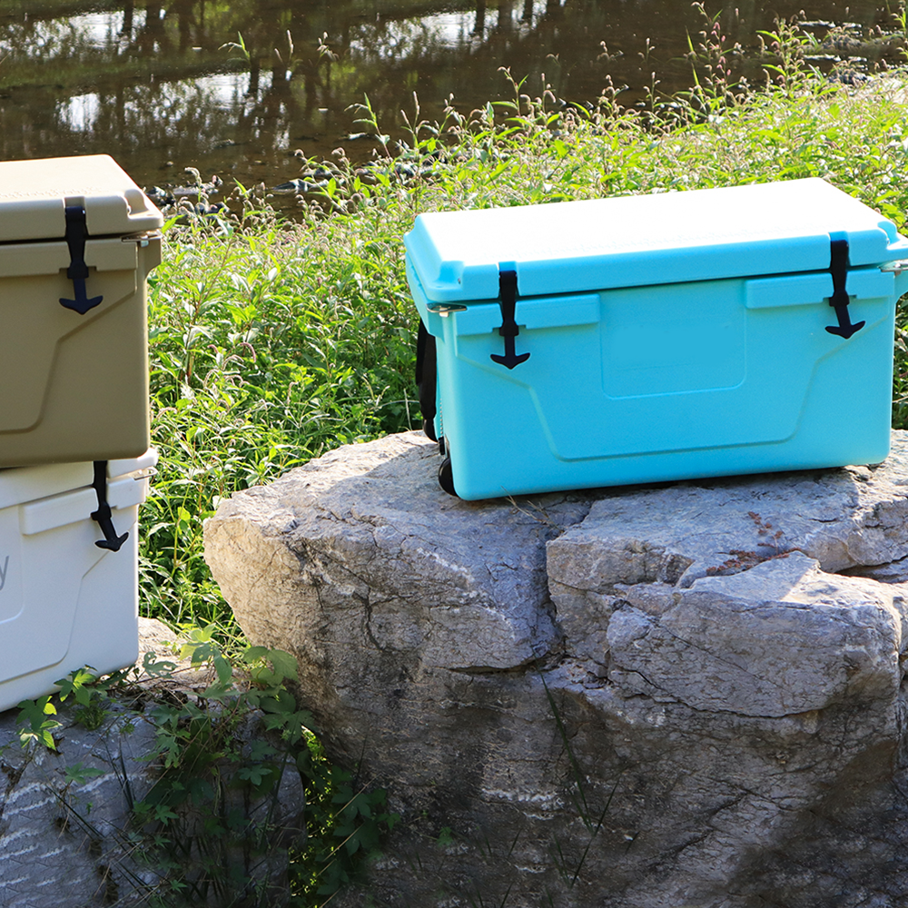 Hot Selling Blue Color 65Qt Outdoor Cooler Fish Ice Chest Box 2022 Popular Camping Cooler Box Blue Abs Plastic