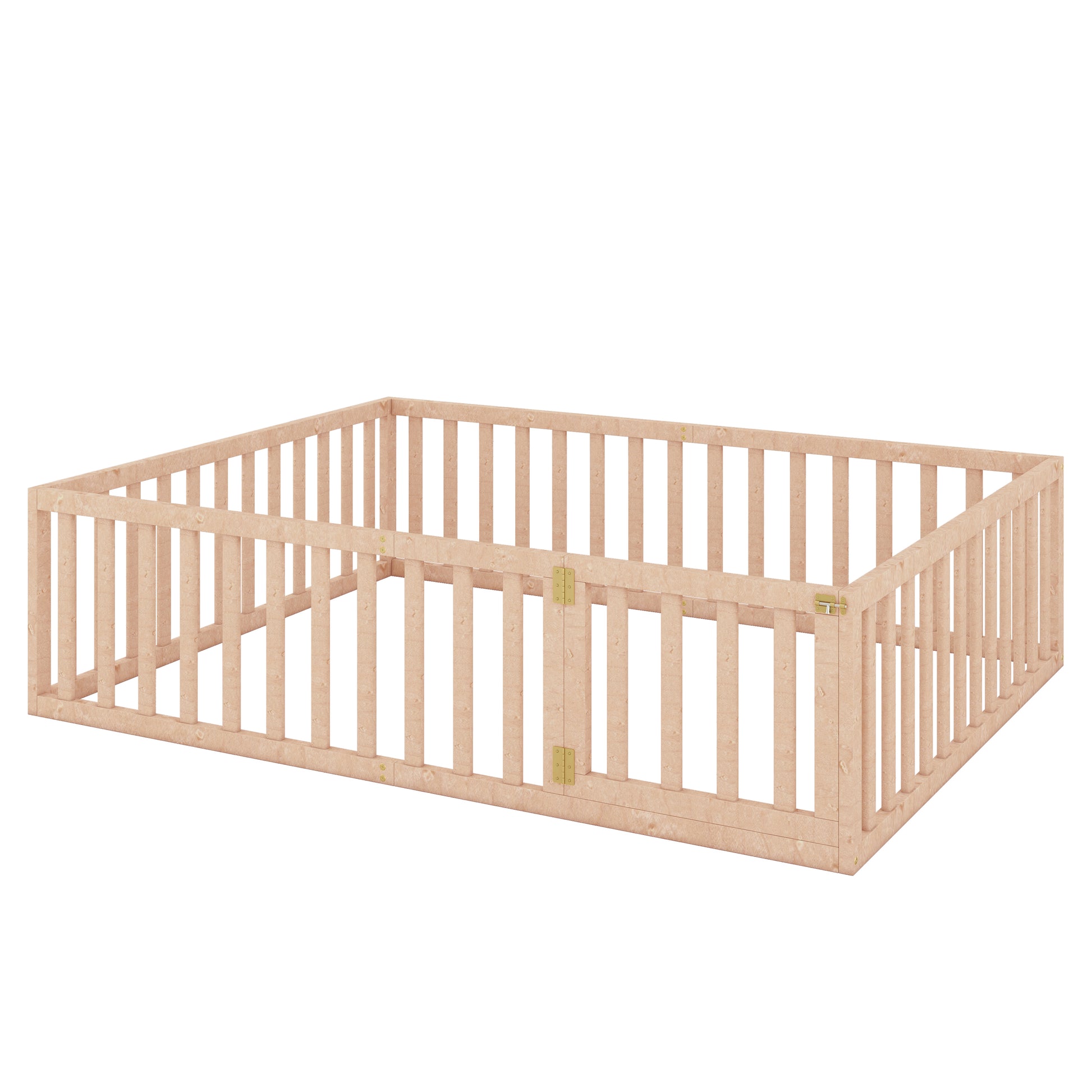 Queen Size Wood Floor Bed Frame With Fence And Door, Natural Old Sku:Wf289663Aam Natural Solid Wood