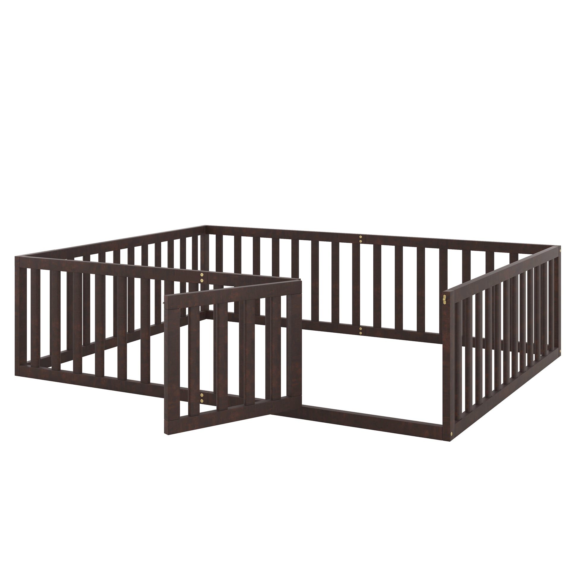 Queen Size Wood Floor Bed Frame With Fence And Door, Walnut Old Sku:Wf289663Aal Walnut Solid Wood