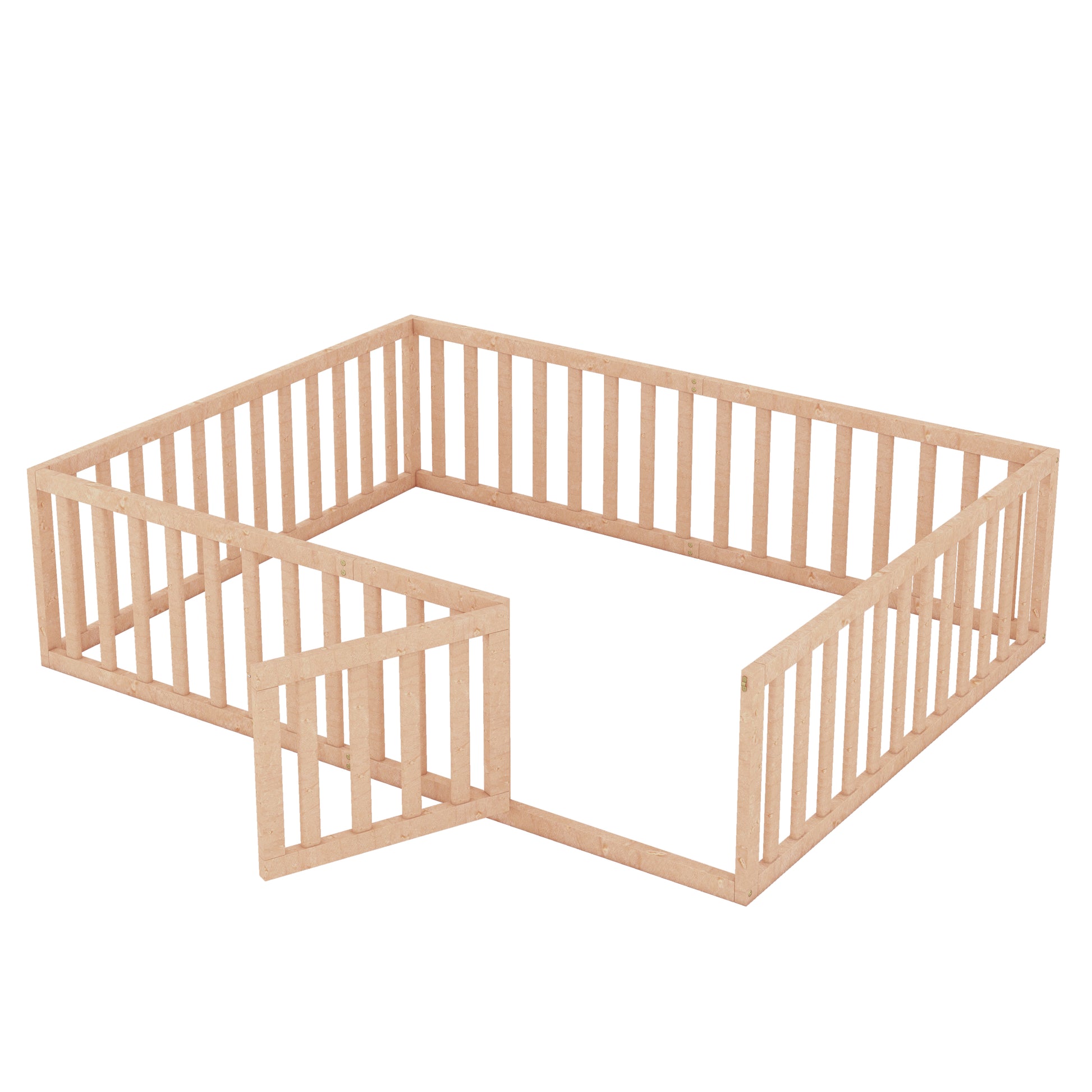 Queen Size Wood Floor Bed Frame With Fence And Door, Natural Old Sku:Wf289663Aam Natural Solid Wood