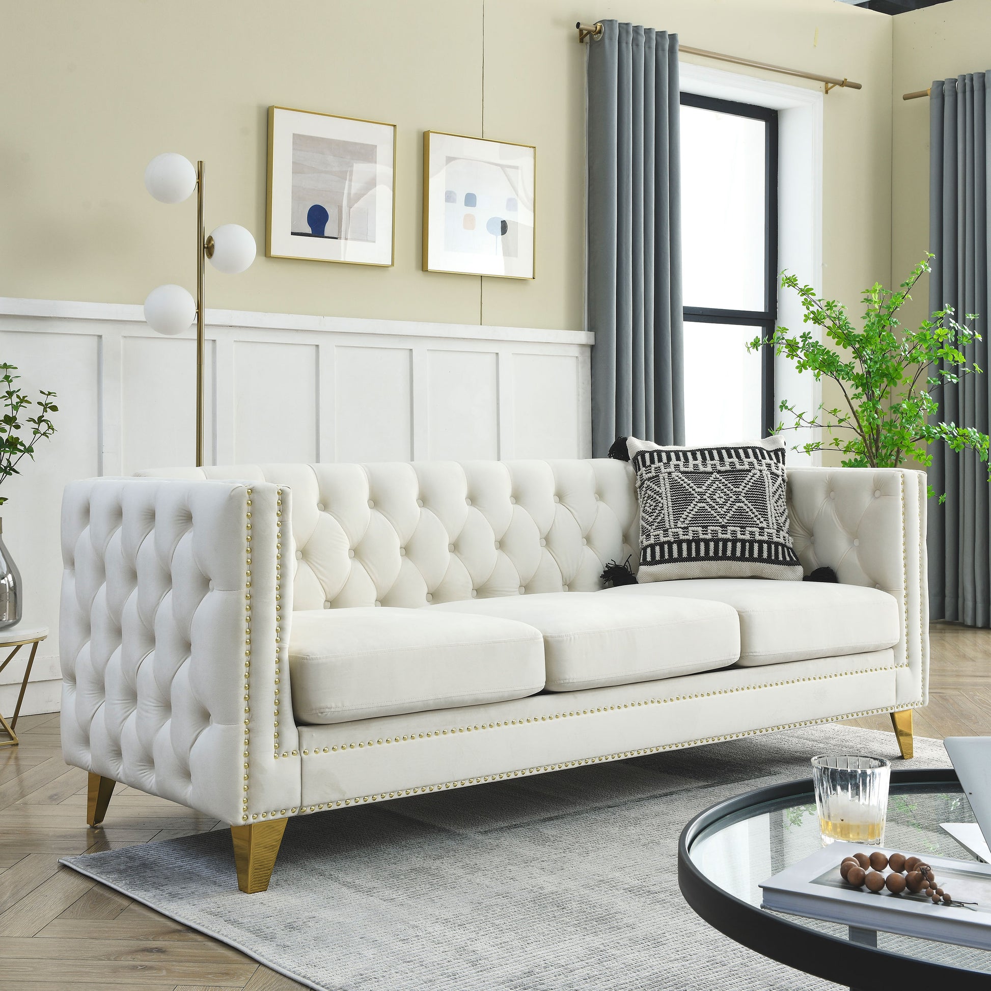 Contact Us For 3D Modeling Velvet Sofa For Living Room,Buttons Tufted Square Arm Couch, Modern Couch Upholstered Button And Metal Legs, Sofa Couch For Bedroom, Beige Velvet ,2Pcs Beige Foam Velvet