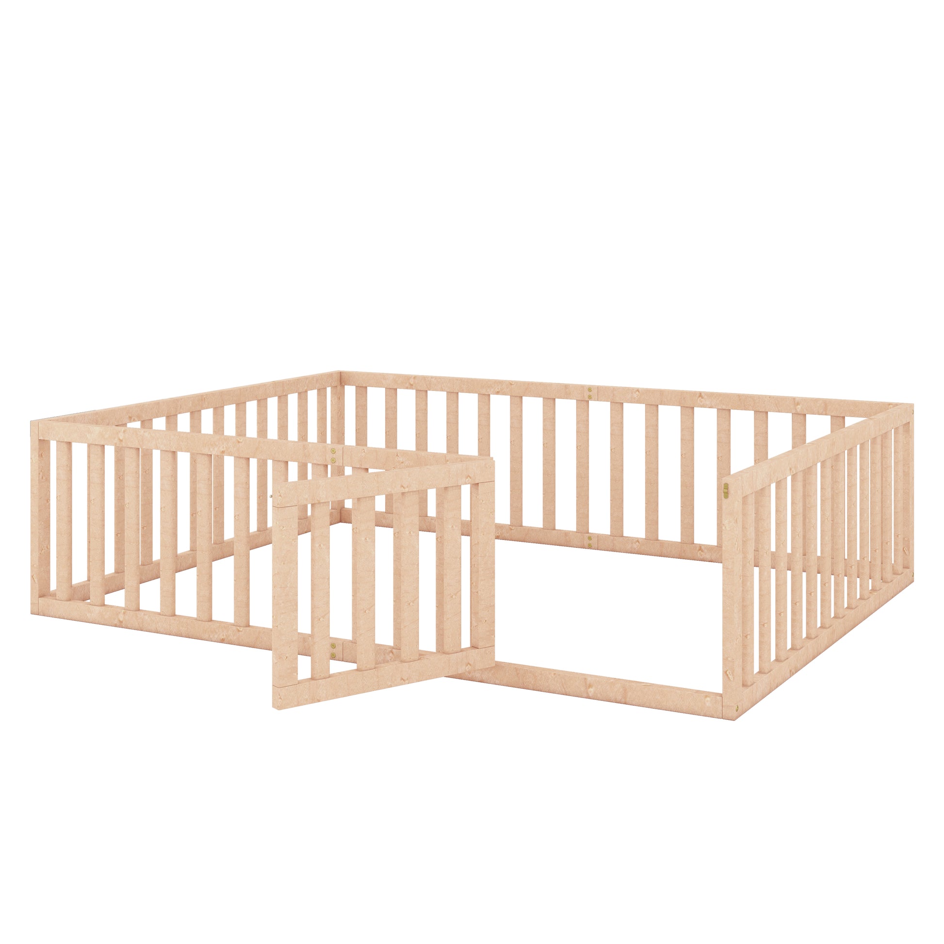 Queen Size Wood Floor Bed Frame With Fence And Door, Natural Old Sku:Wf289663Aam Natural Solid Wood