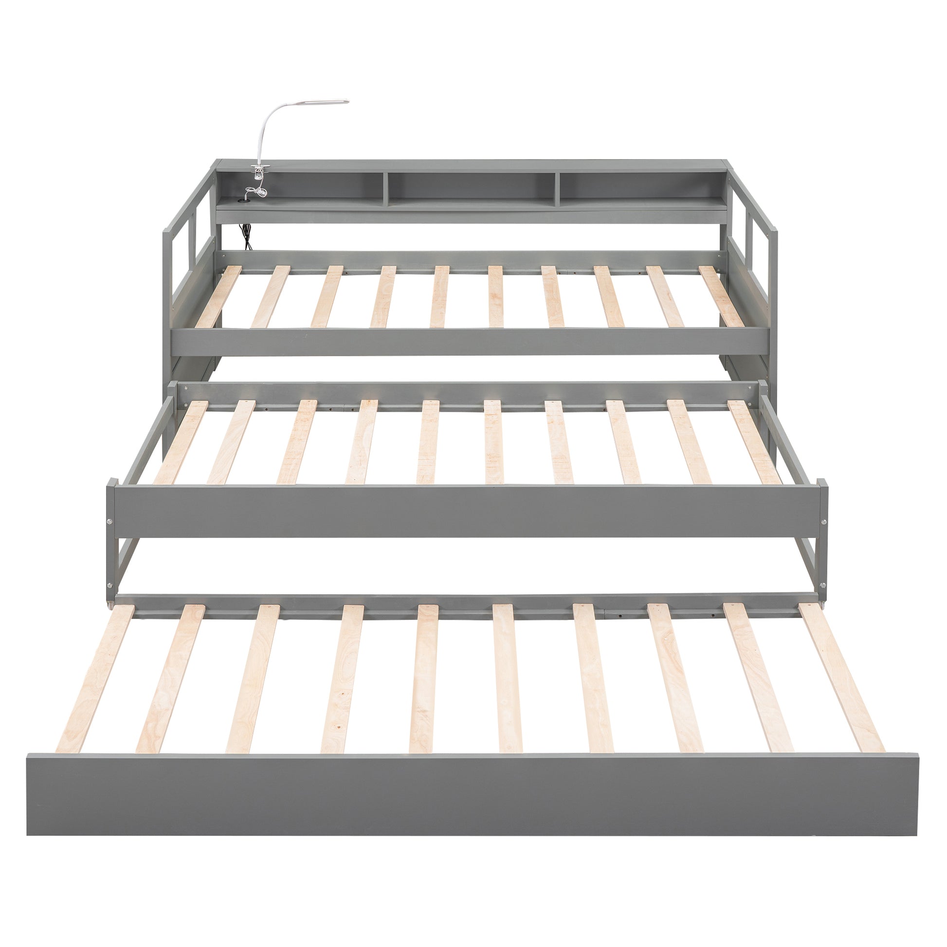 Twin Xl Wood Daybed With 2 Trundles, 3 Storage Cubbies, 1 Light And Usb Charging Design, Gray Gray Solid Wood