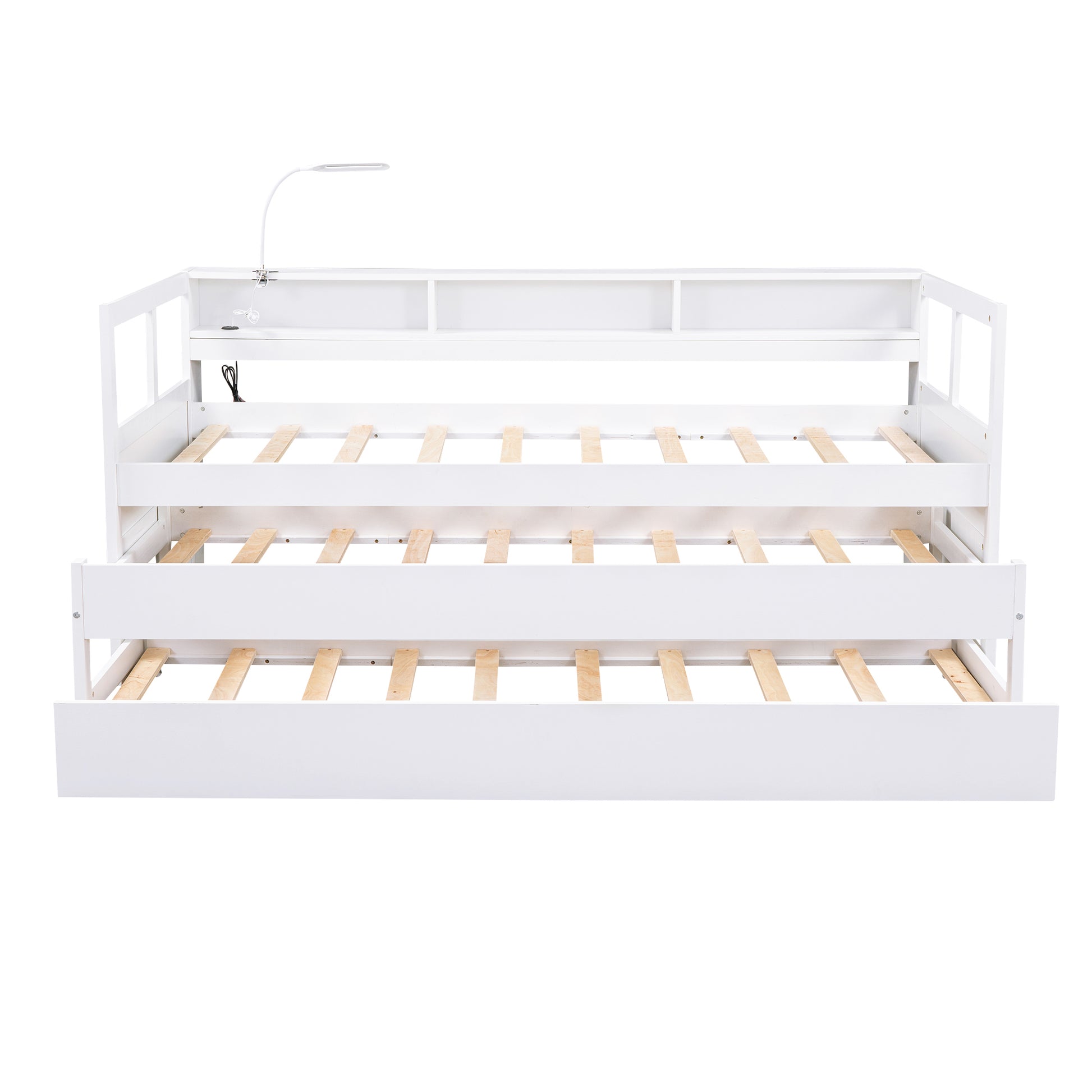 Twin Xl Wood Daybed With 2 Trundles, 3 Storage Cubbies, 1 Light And Usb Charging Design, White Gray Solid Wood