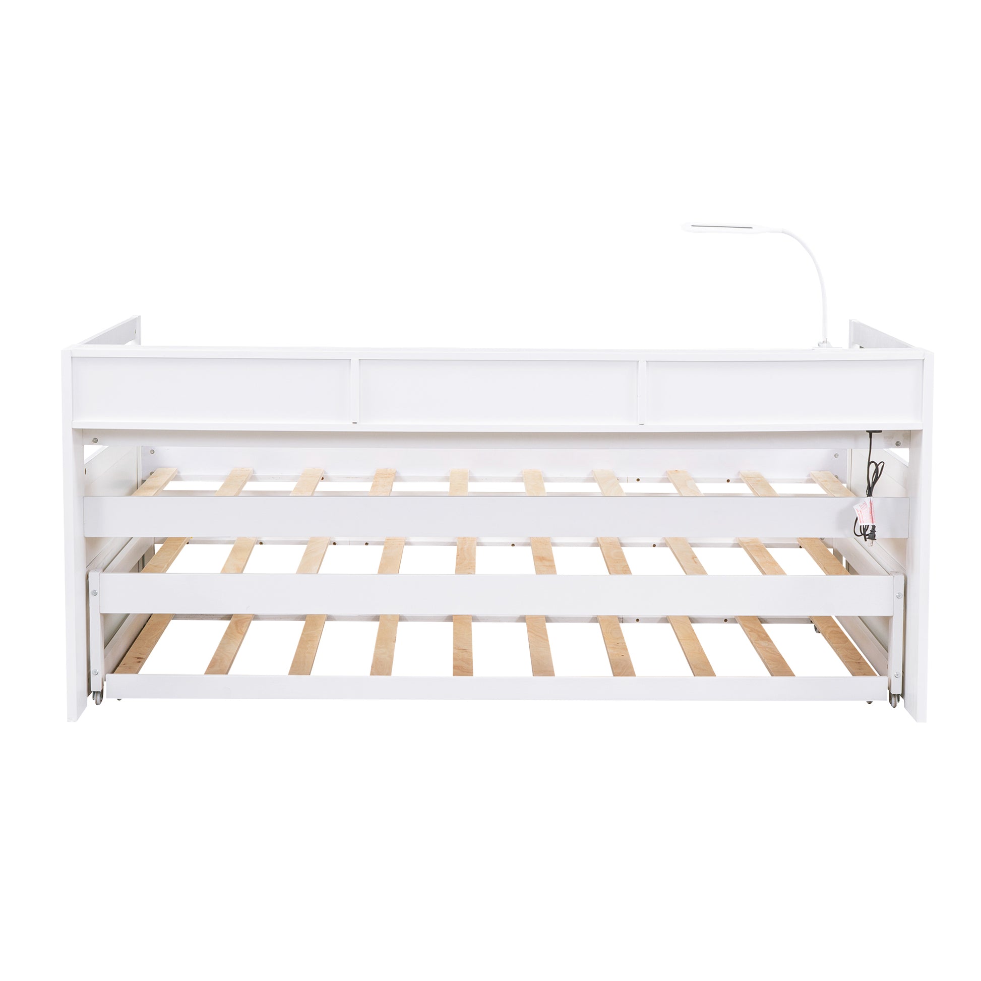 Twin Xl Wood Daybed With 2 Trundles, 3 Storage Cubbies, 1 Light And Usb Charging Design, White Gray Solid Wood