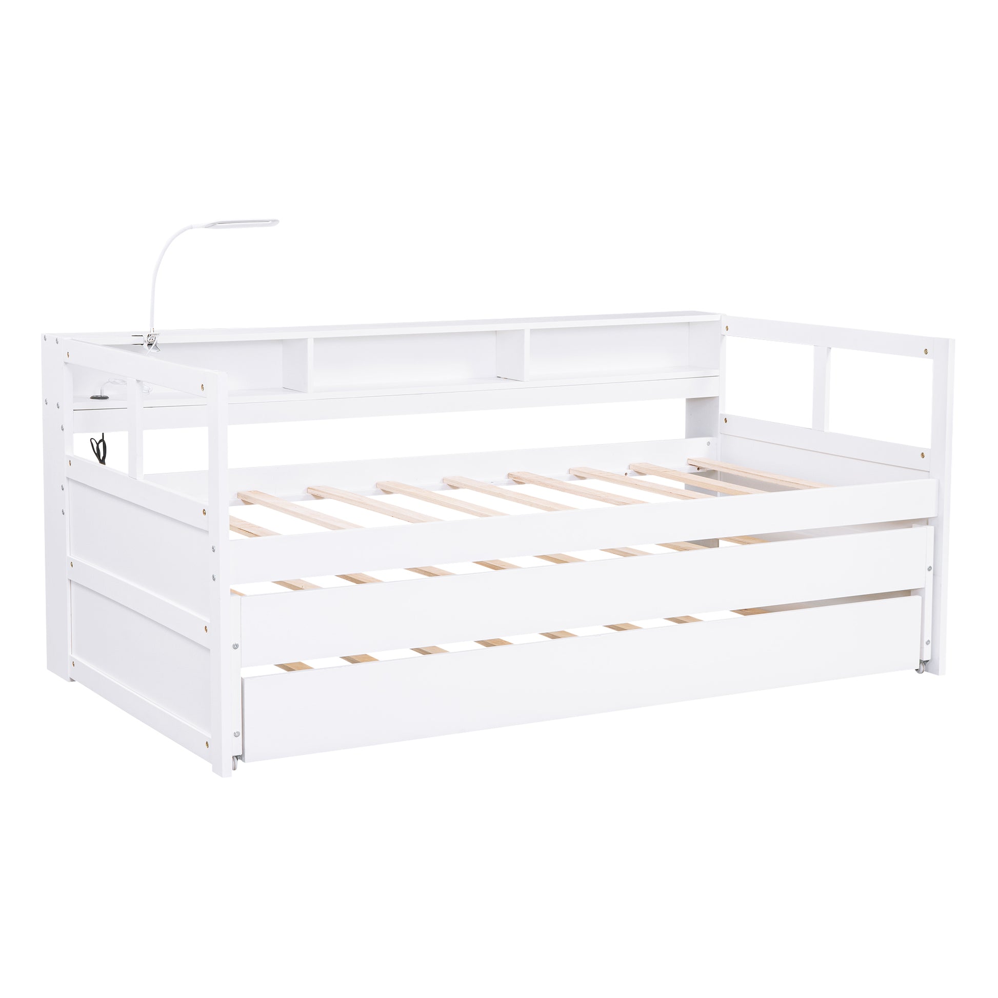 Twin Xl Wood Daybed With 2 Trundles, 3 Storage Cubbies, 1 Light And Usb Charging Design, White Gray Solid Wood