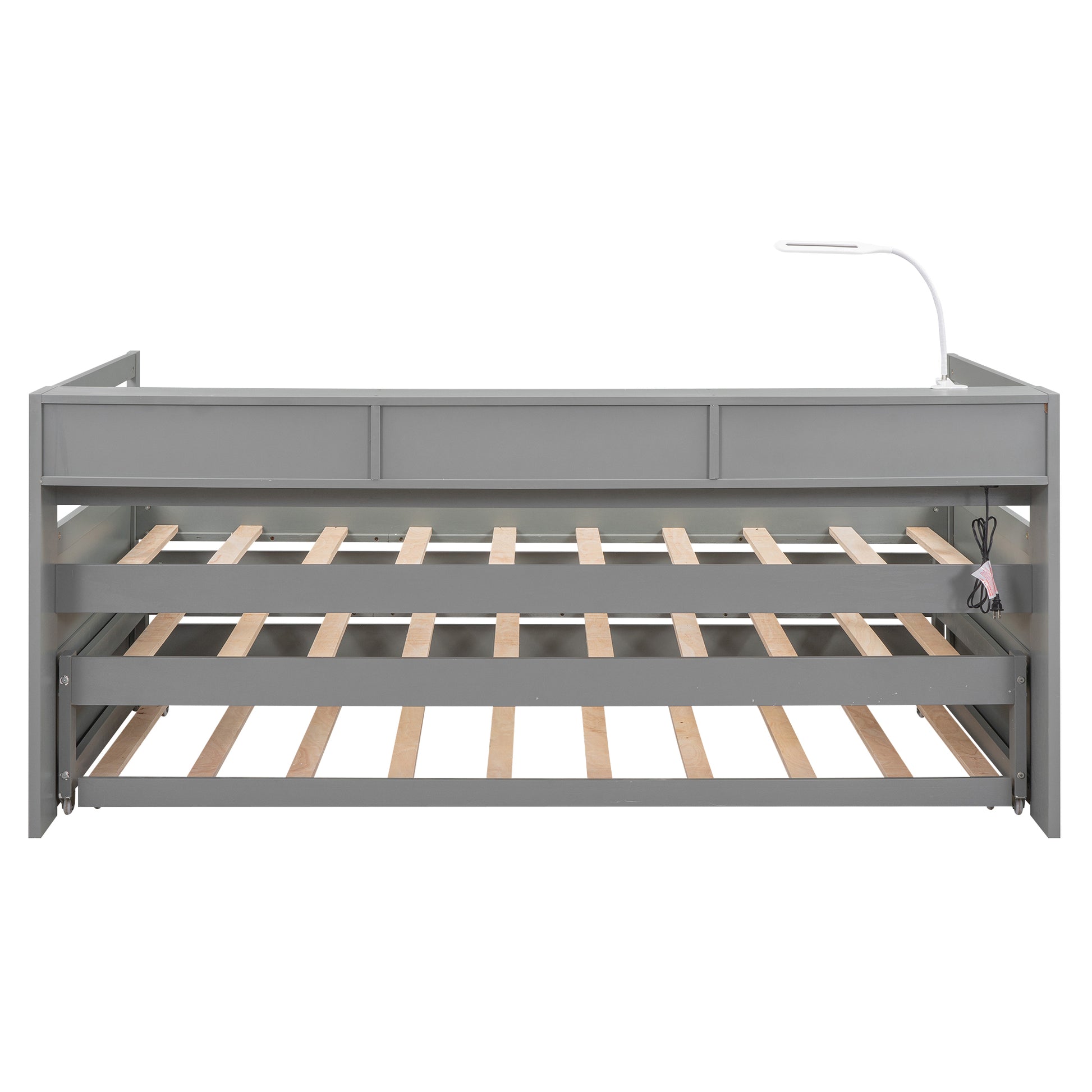 Twin Xl Wood Daybed With 2 Trundles, 3 Storage Cubbies, 1 Light And Usb Charging Design, Gray Gray Solid Wood