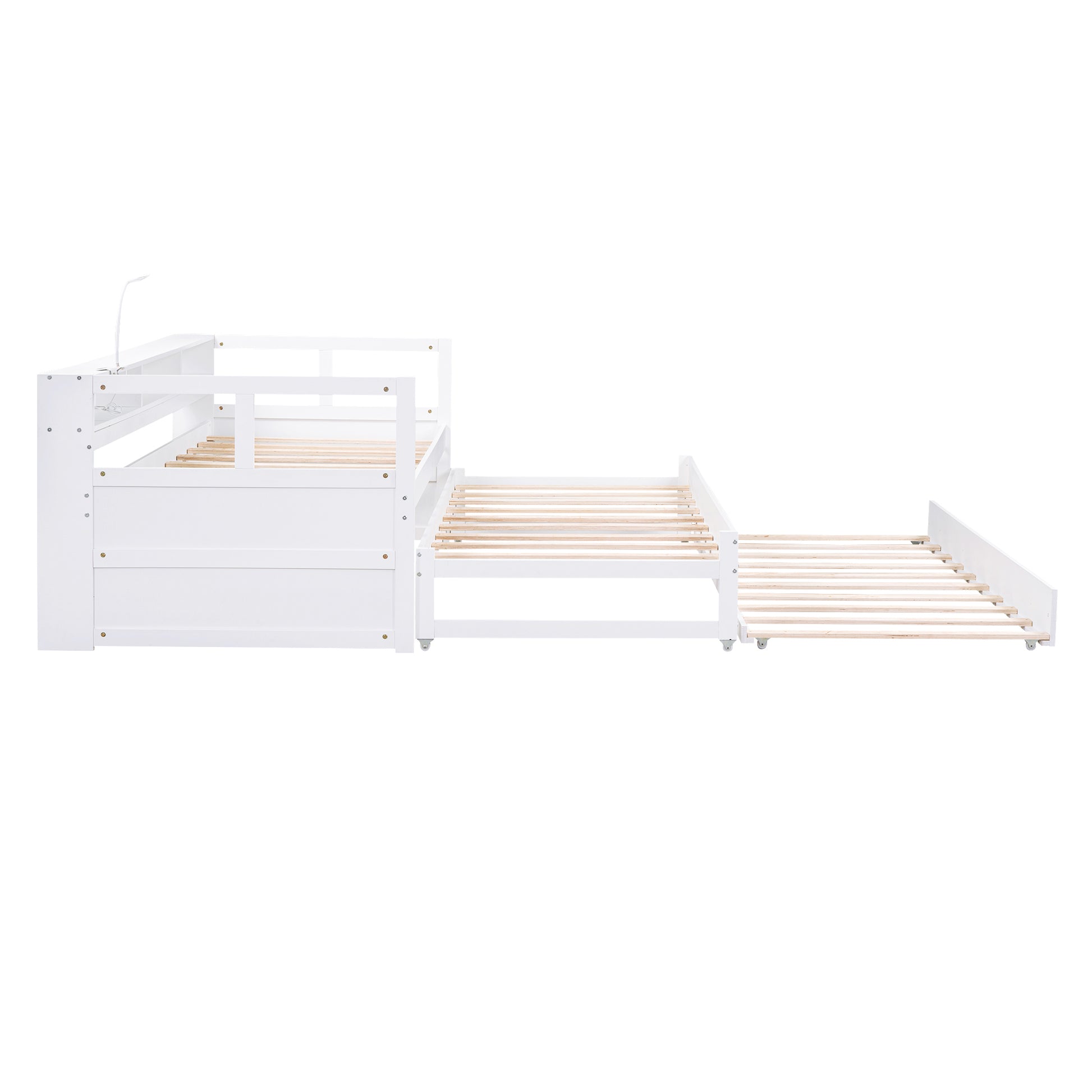 Twin Xl Wood Daybed With 2 Trundles, 3 Storage Cubbies, 1 Light And Usb Charging Design, White Gray Solid Wood