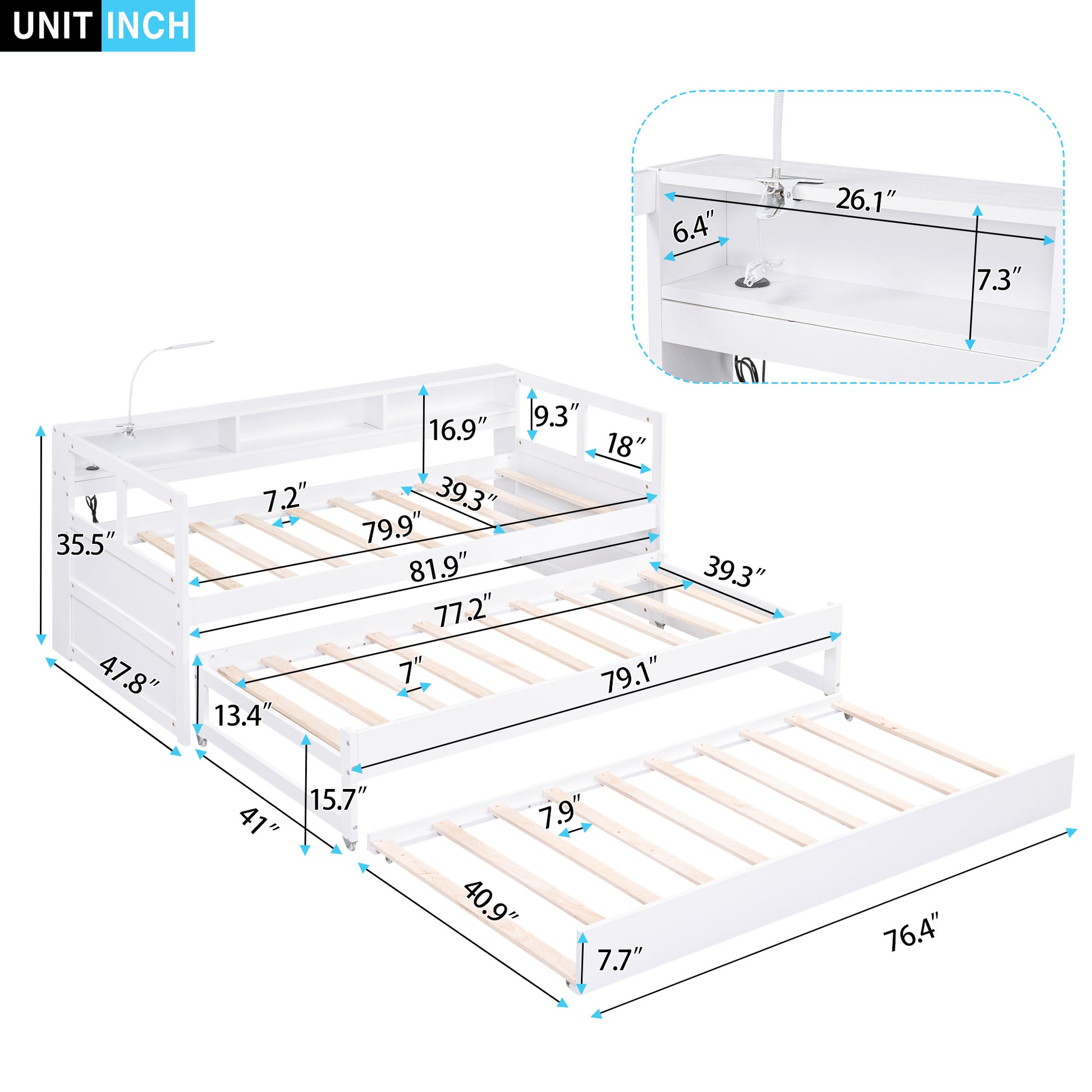 Twin Xl Wood Daybed With 2 Trundles, 3 Storage Cubbies, 1 Light And Usb Charging Design, White Gray Solid Wood