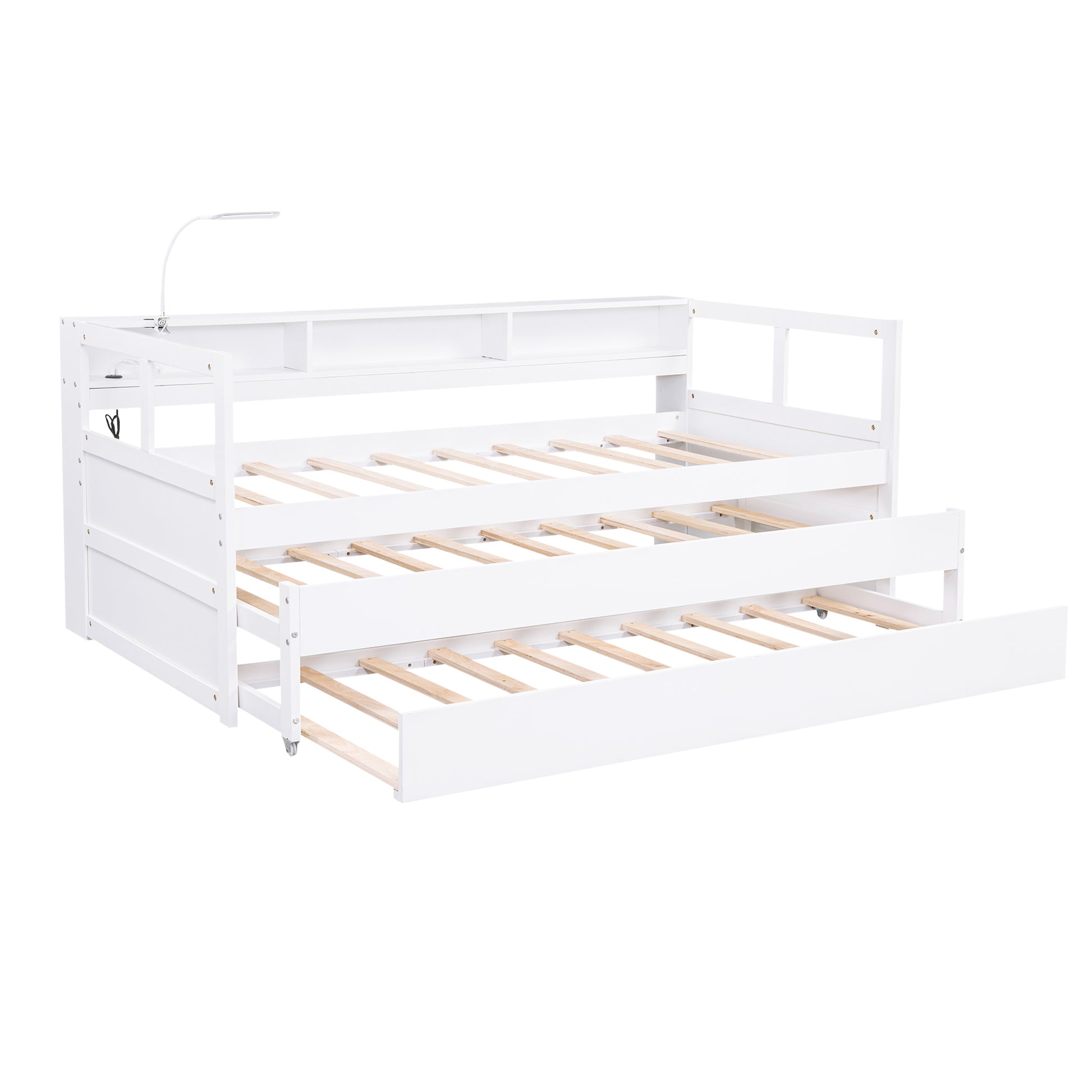 Twin Xl Wood Daybed With 2 Trundles, 3 Storage Cubbies, 1 Light And Usb Charging Design, White Gray Solid Wood