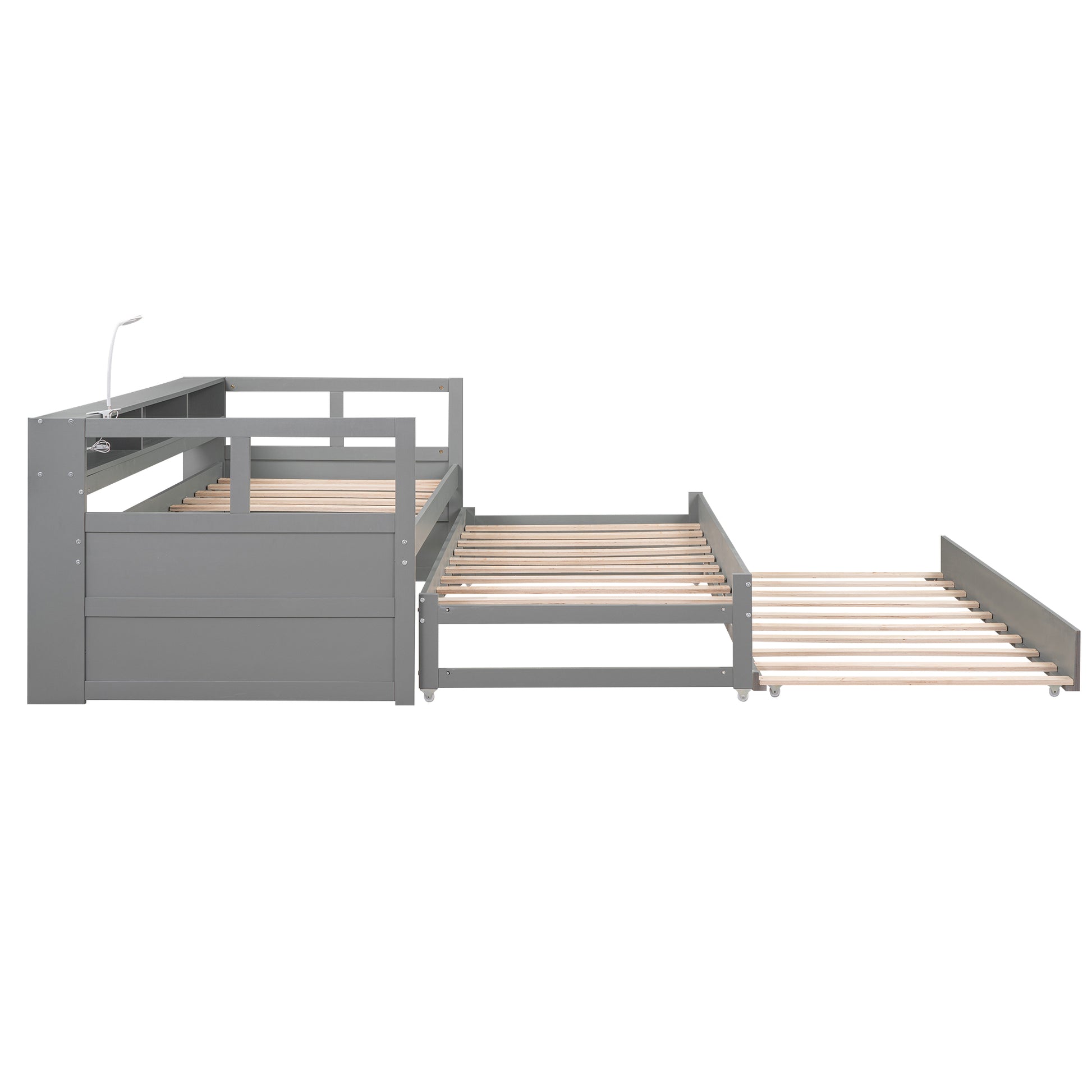 Twin Xl Wood Daybed With 2 Trundles, 3 Storage Cubbies, 1 Light And Usb Charging Design, Gray Gray Solid Wood