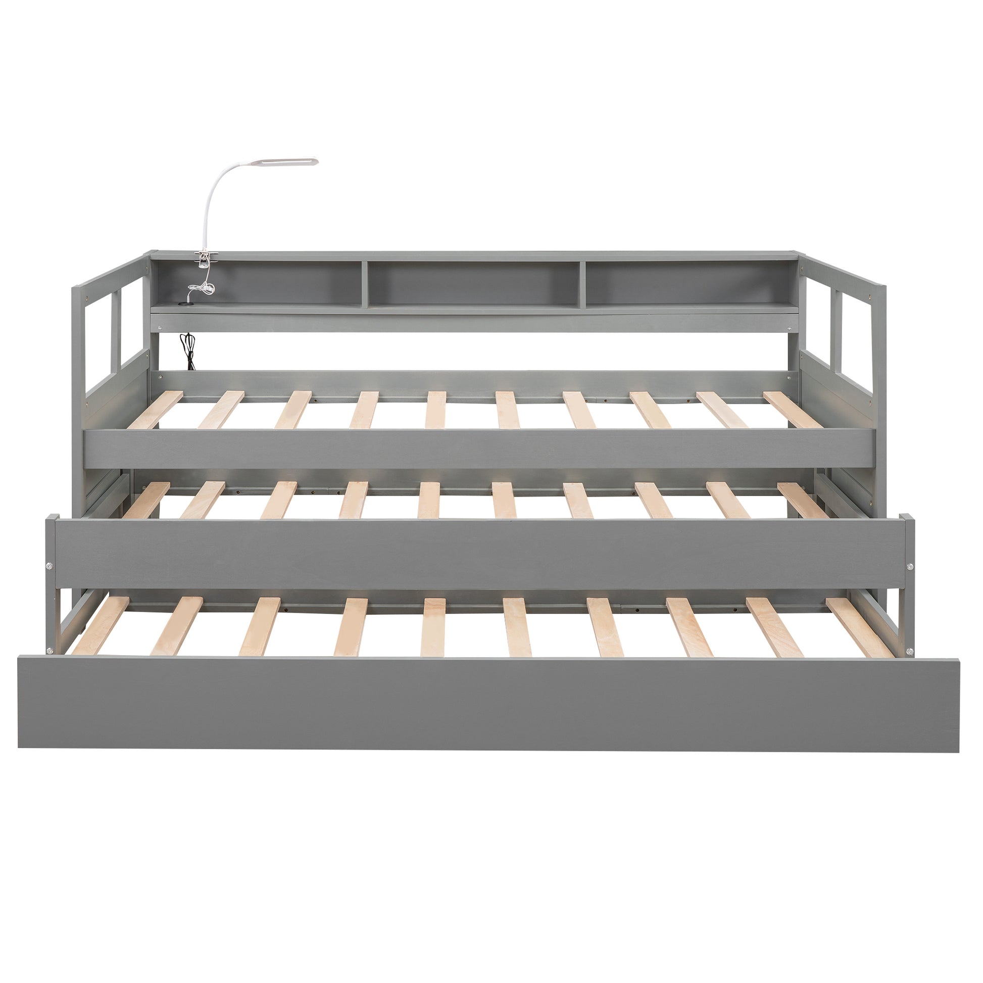 Twin Xl Wood Daybed With 2 Trundles, 3 Storage Cubbies, 1 Light And Usb Charging Design, Gray Gray Solid Wood