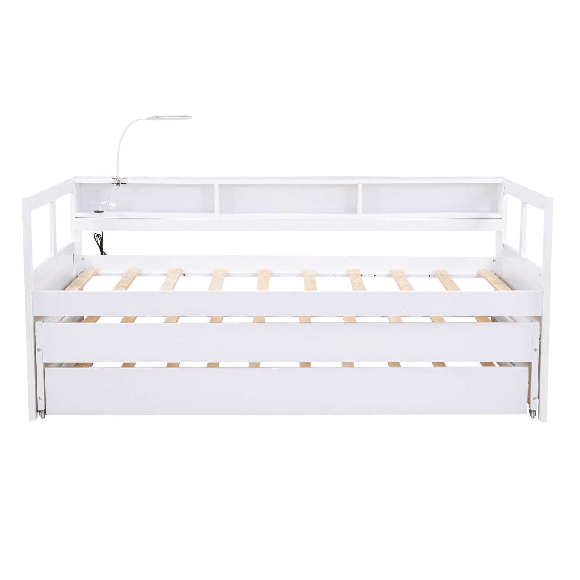 Twin Xl Wood Daybed With 2 Trundles, 3 Storage Cubbies, 1 Light And Usb Charging Design, White Gray Solid Wood