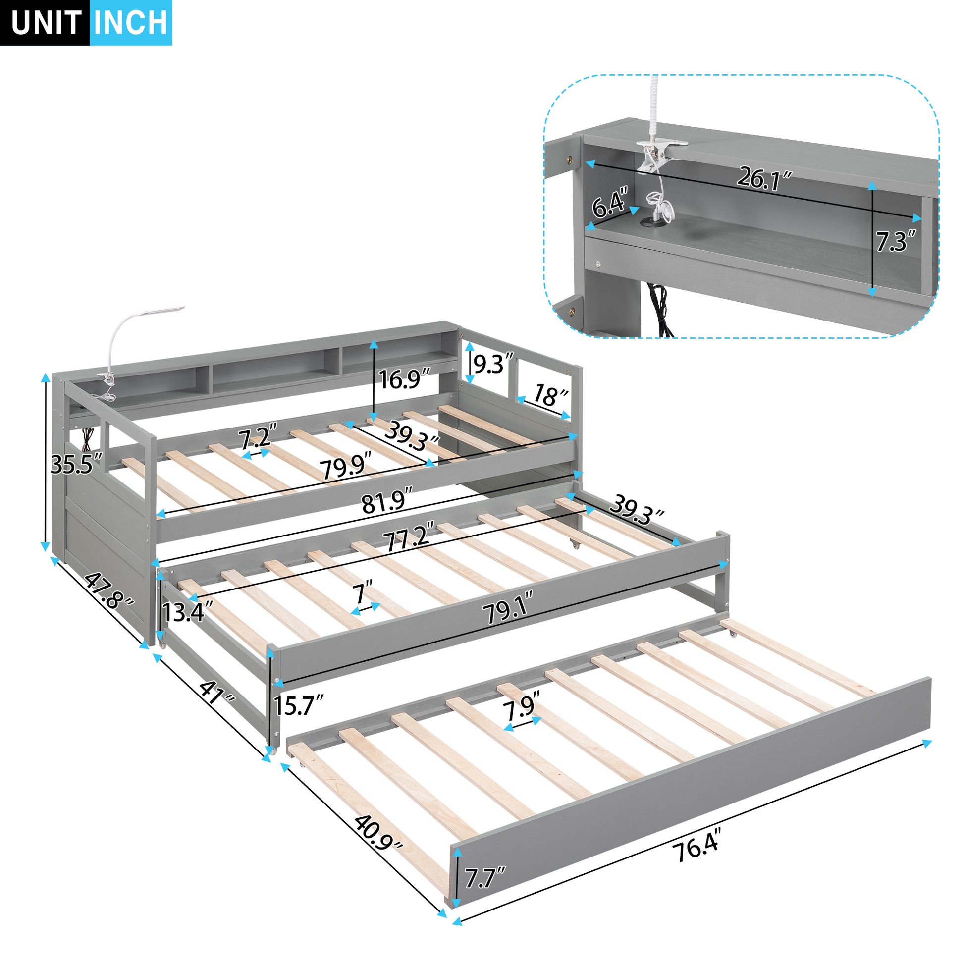 Twin Xl Wood Daybed With 2 Trundles, 3 Storage Cubbies, 1 Light And Usb Charging Design, Gray Gray Solid Wood