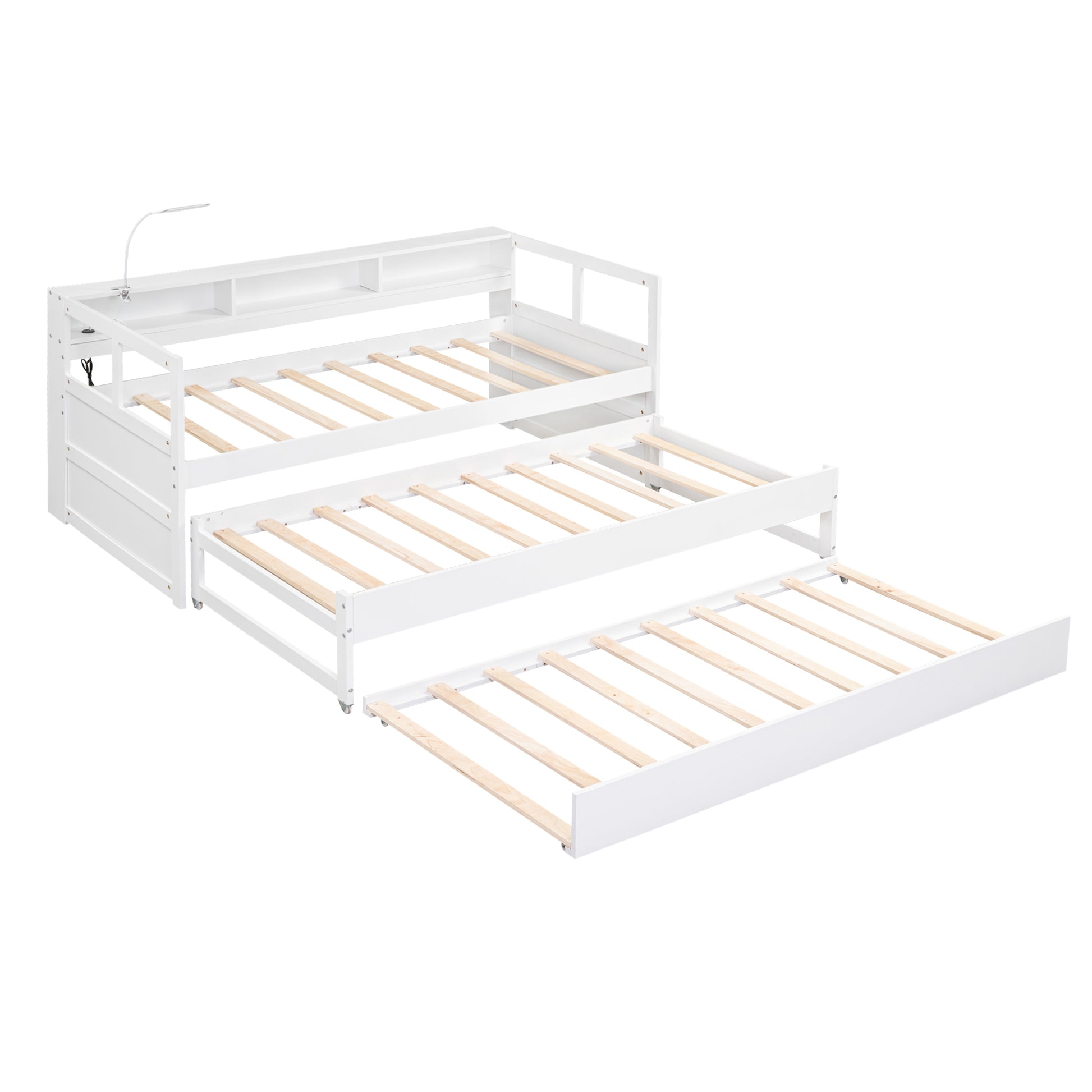 Twin Xl Wood Daybed With 2 Trundles, 3 Storage Cubbies, 1 Light And Usb Charging Design, White Gray Solid Wood