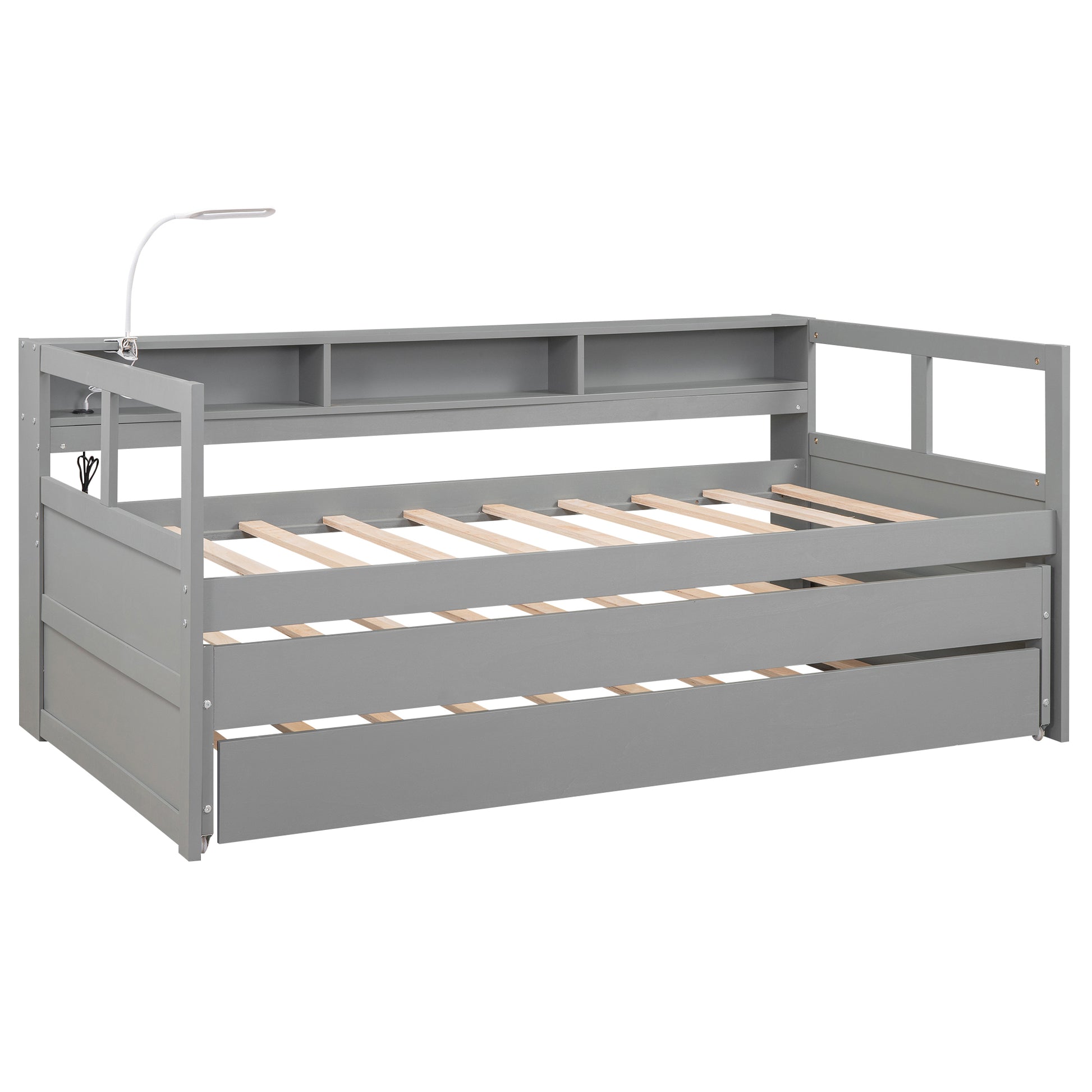 Twin Xl Wood Daybed With 2 Trundles, 3 Storage Cubbies, 1 Light And Usb Charging Design, Gray Gray Solid Wood