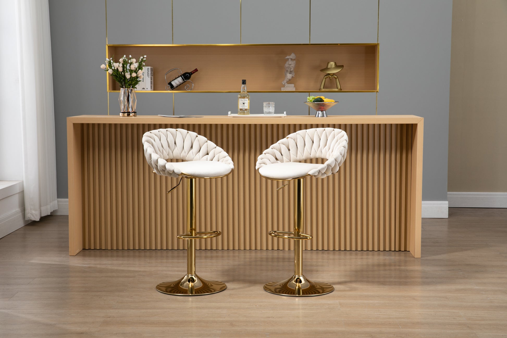 Coolmore Swivel Bar Stools Set Of 2 Adjustable Counter Height Chairs With Footrest For Kitchen, Dining Room 2Pc Set Ivory Polyester