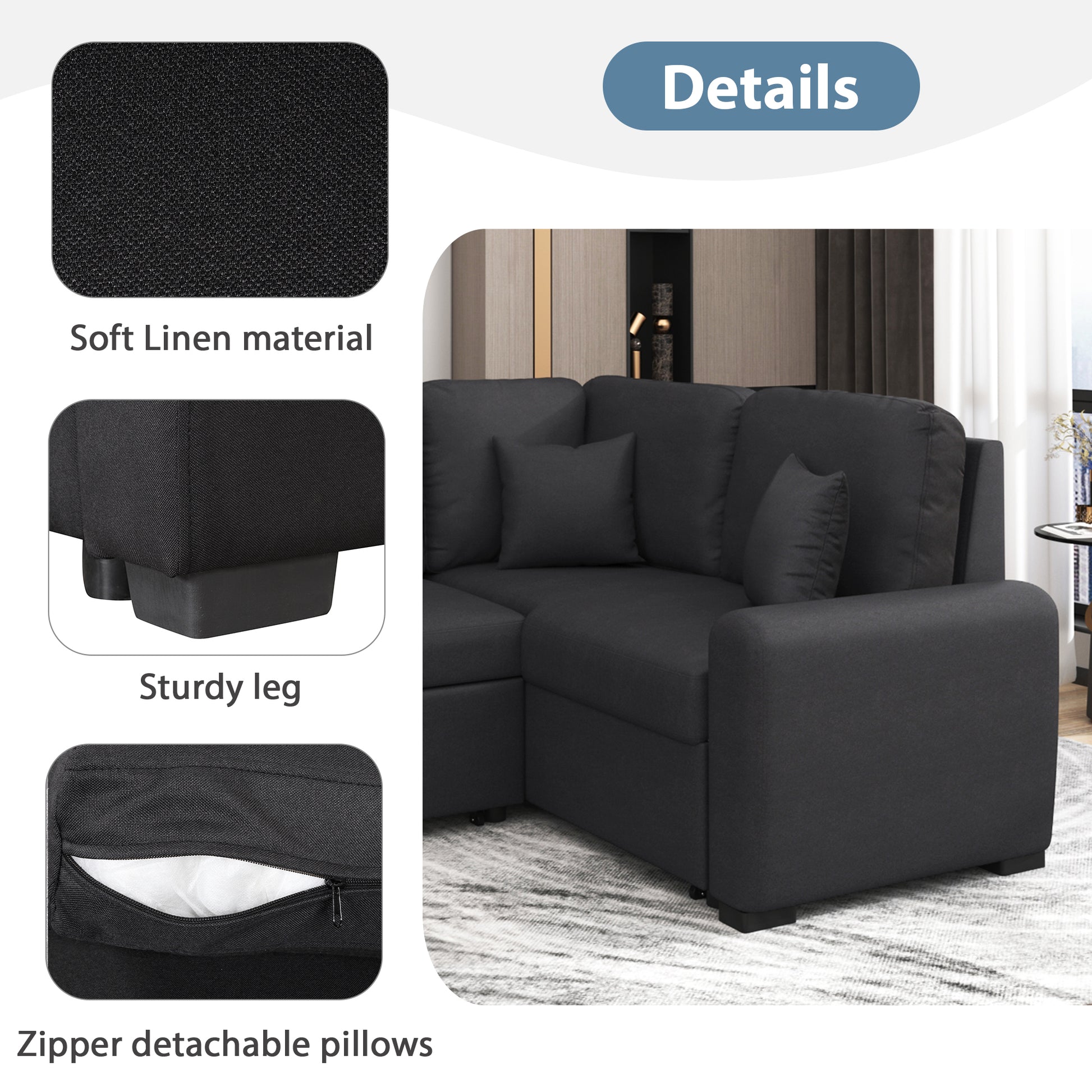 87.4"Sectional Sleeper Sofa With Usb Charging Port And Plug Outlet,Pull Out Sofa Bed With 3 Pillows, L Shape Chaise For Living Room Small Apartment,Black Old Sku Sg000720Aab Black Foam Linen