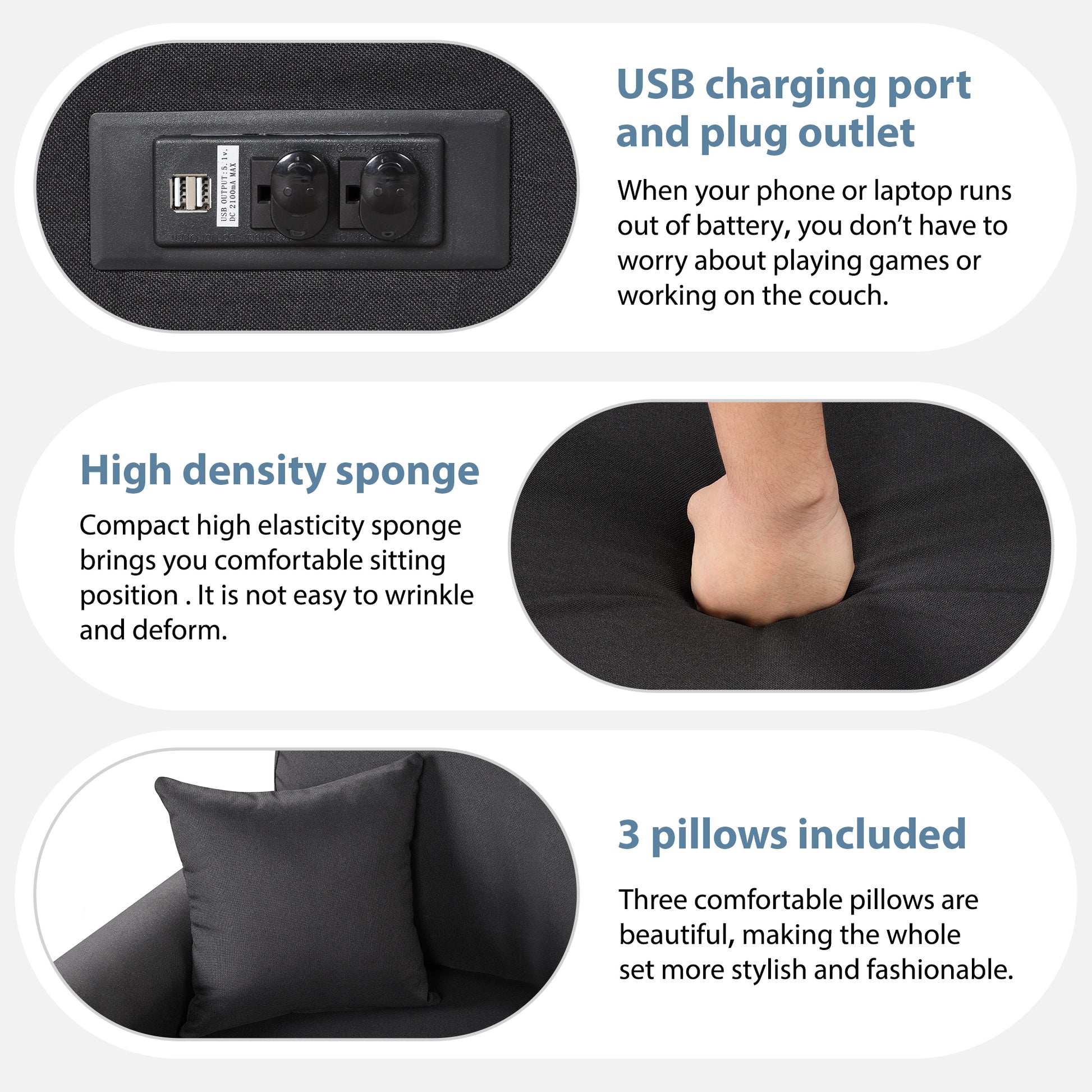 87.4"Sectional Sleeper Sofa With Usb Charging Port And Plug Outlet,Pull Out Sofa Bed With 3 Pillows, L Shape Chaise For Living Room Small Apartment,Black Old Sku Sg000720Aab Black Foam Linen