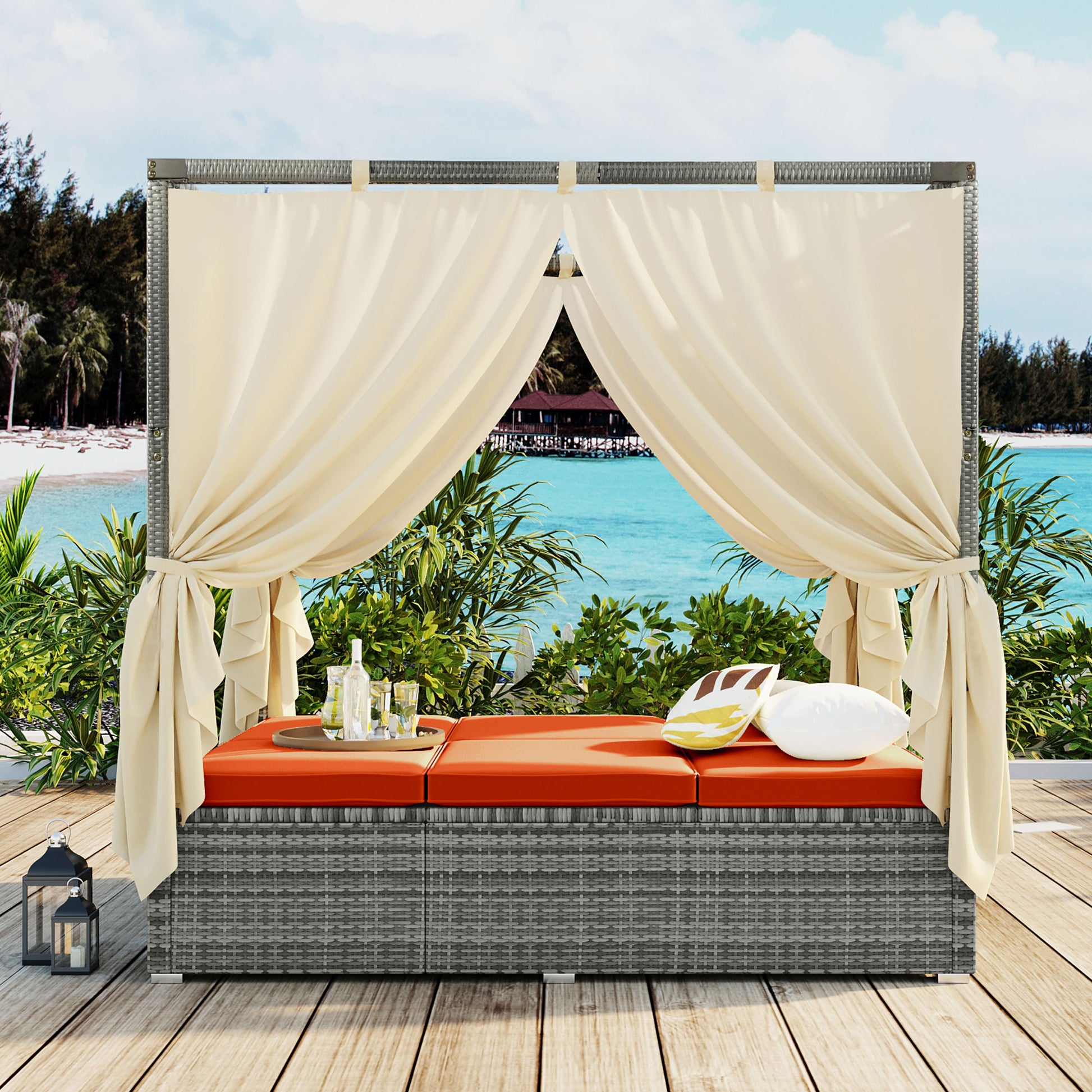 Adjustable Sun Bed With Curtain,High Comfort,With 3 Colors Orange Hdpe