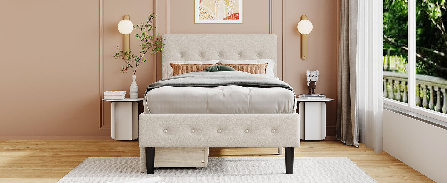 Twin Size Upholstered Platform Bed With 2 Drawers, Beige Beige Upholstered