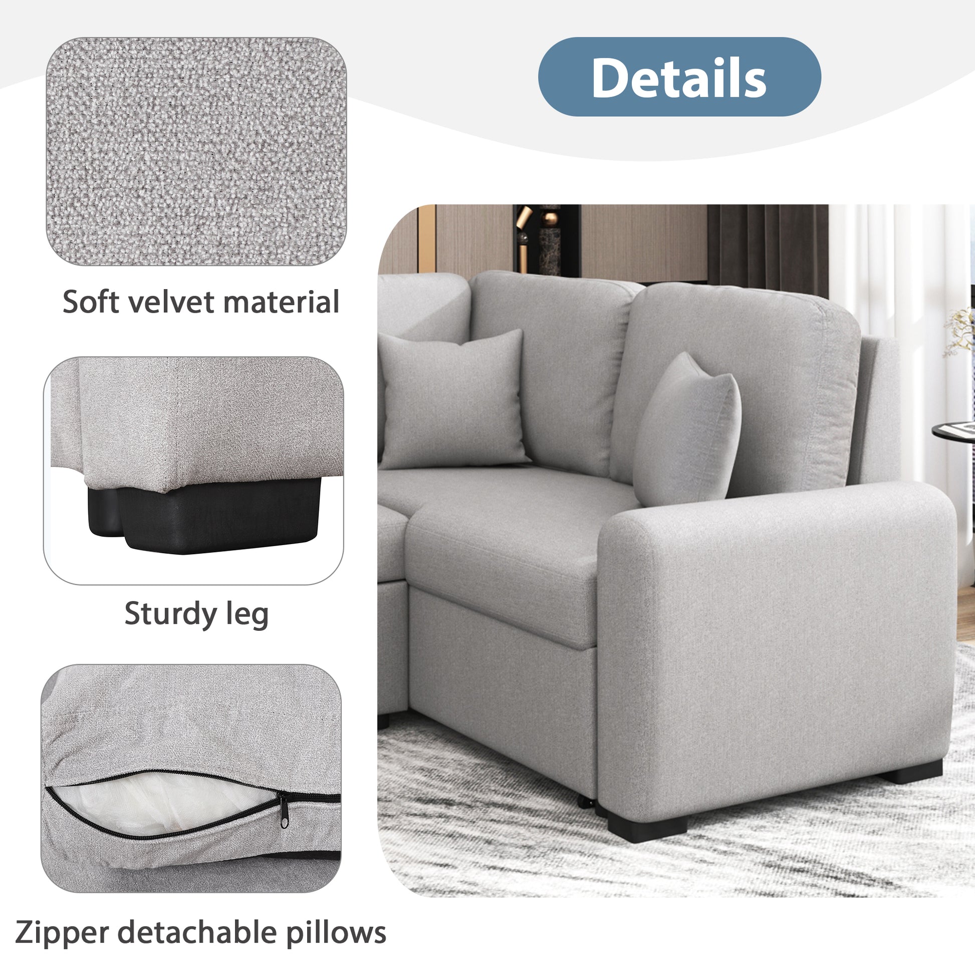 87.4"Sectional Sleeper Sofa With Usb Charging Port And Plug Outlet,Pull Out Sofa Bed With 3 Pillows, L Shape Chaise For Living Room Small Apartment,Grey Old Sku Sg000720Aae Grey Foam Chenille