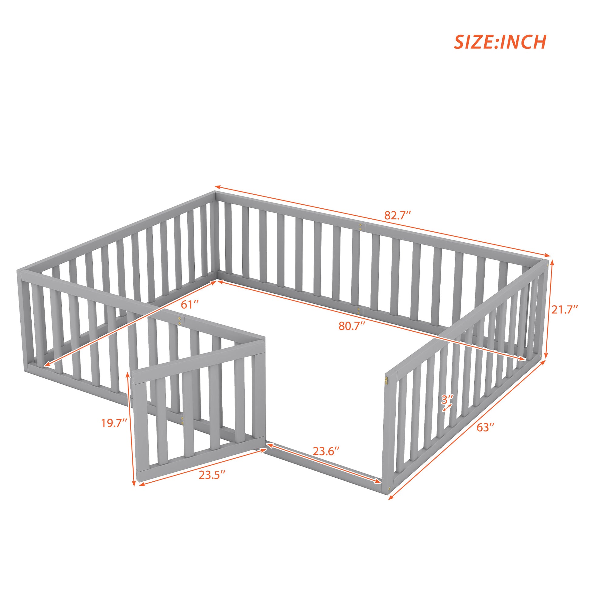 Queen Size Wood Floor Bed Frame With Fence And Door, Gray Old Sku:Wf289663Aae Gray Solid Wood