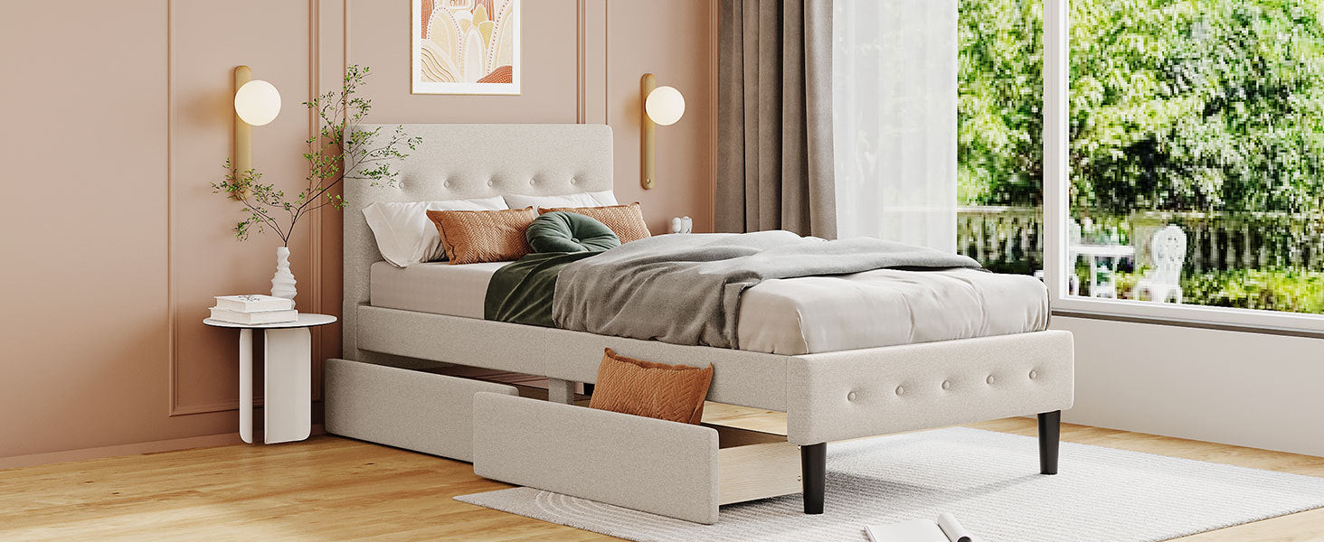 Twin Size Upholstered Platform Bed With 2 Drawers, Beige Beige Upholstered