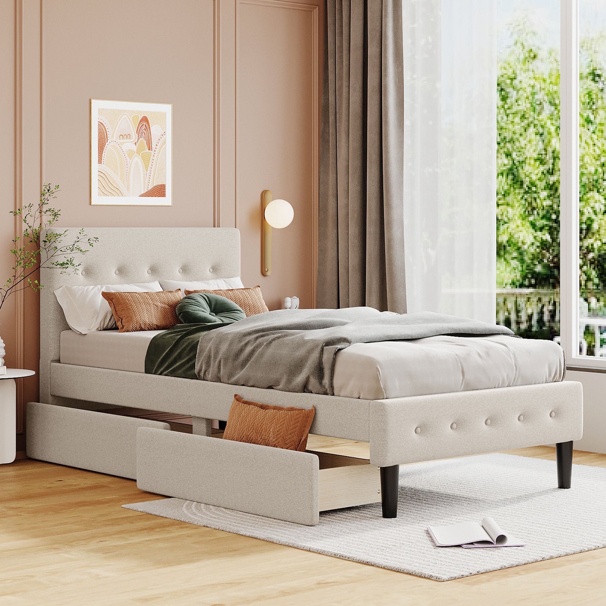 Twin Size Upholstered Platform Bed With 2 Drawers, Beige Beige Upholstered