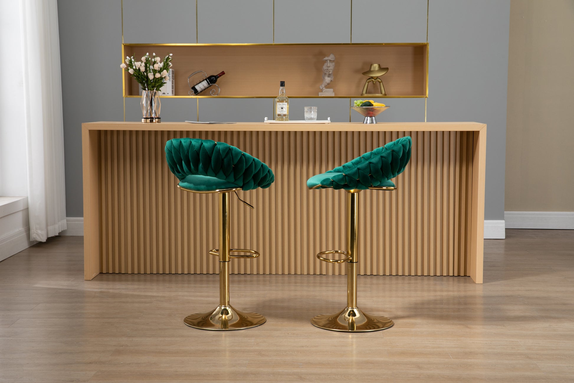 Coolmore Swivel Bar Stools Set Of 2 Adjustable Counter Height Chairs With Footrest For Kitchen, Dining Room 2Pc Set Emerald Polyester