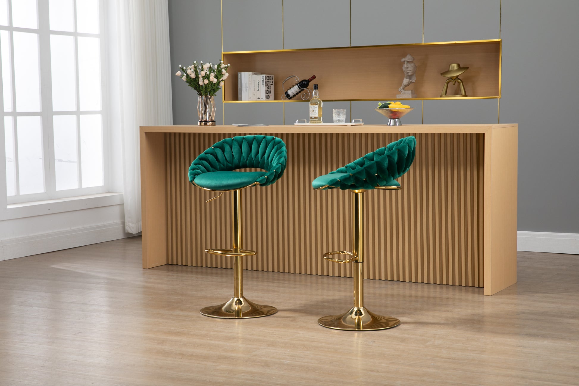 Coolmore Swivel Bar Stools Set Of 2 Adjustable Counter Height Chairs With Footrest For Kitchen, Dining Room 2Pc Set Emerald Polyester