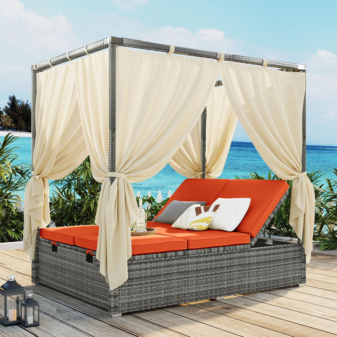 Adjustable Sun Bed With Curtain,High Comfort,With 3 Colors Orange Hdpe