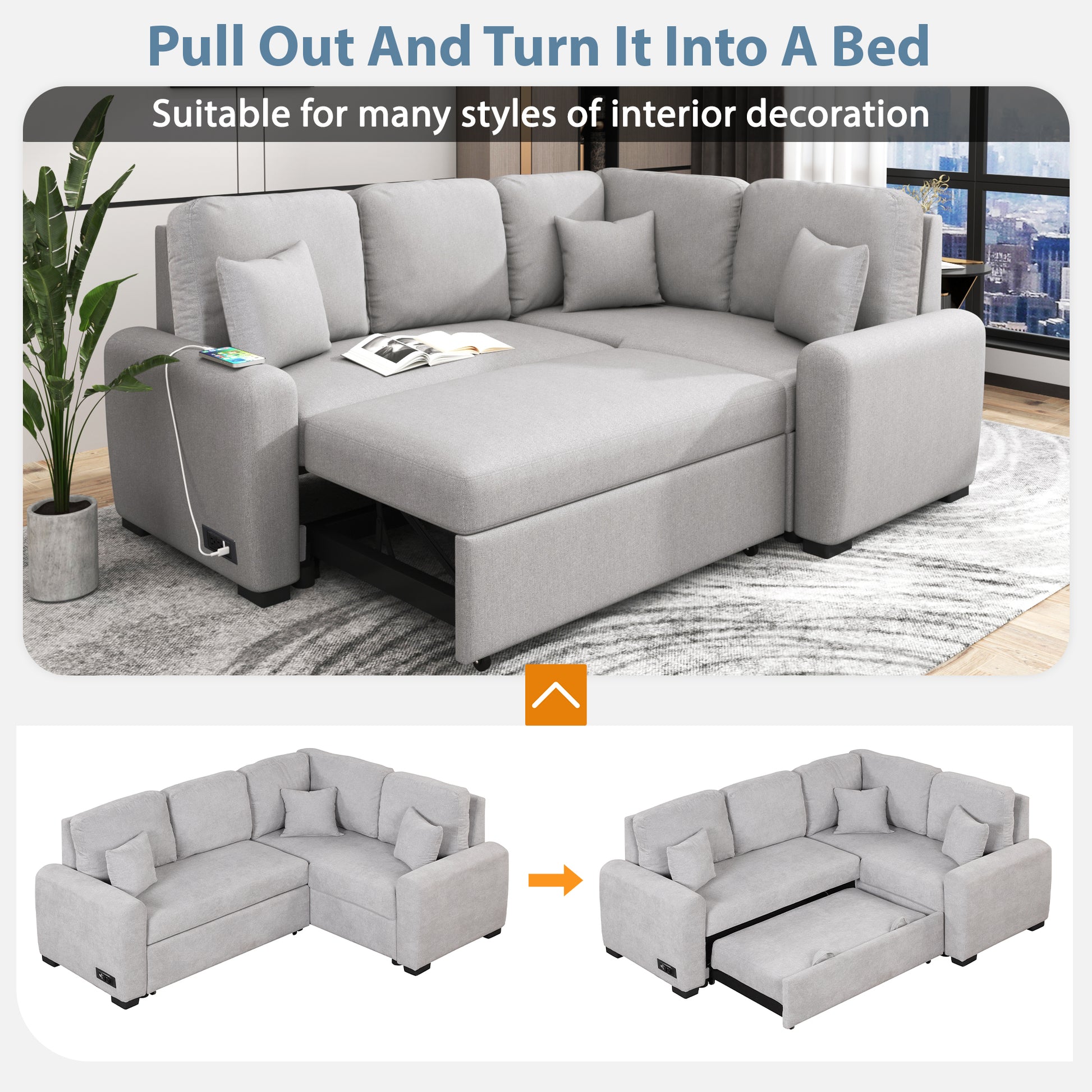 87.4"Sectional Sleeper Sofa With Usb Charging Port And Plug Outlet,Pull Out Sofa Bed With 3 Pillows, L Shape Chaise For Living Room Small Apartment,Grey Old Sku Sg000720Aae Grey Foam Chenille