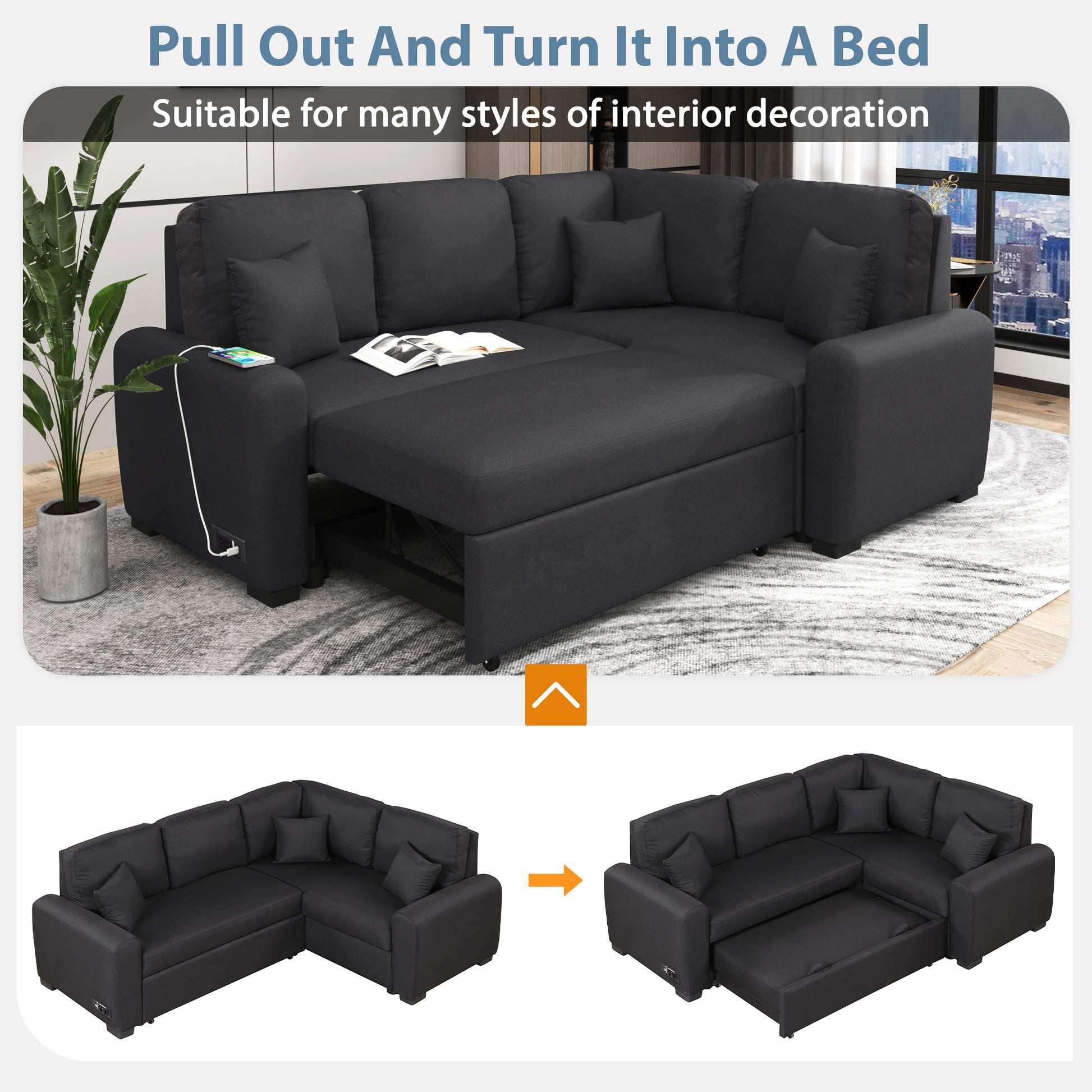 87.4"Sectional Sleeper Sofa With Usb Charging Port And Plug Outlet,Pull Out Sofa Bed With 3 Pillows, L Shape Chaise For Living Room Small Apartment,Black Old Sku Sg000720Aab Black Foam Linen