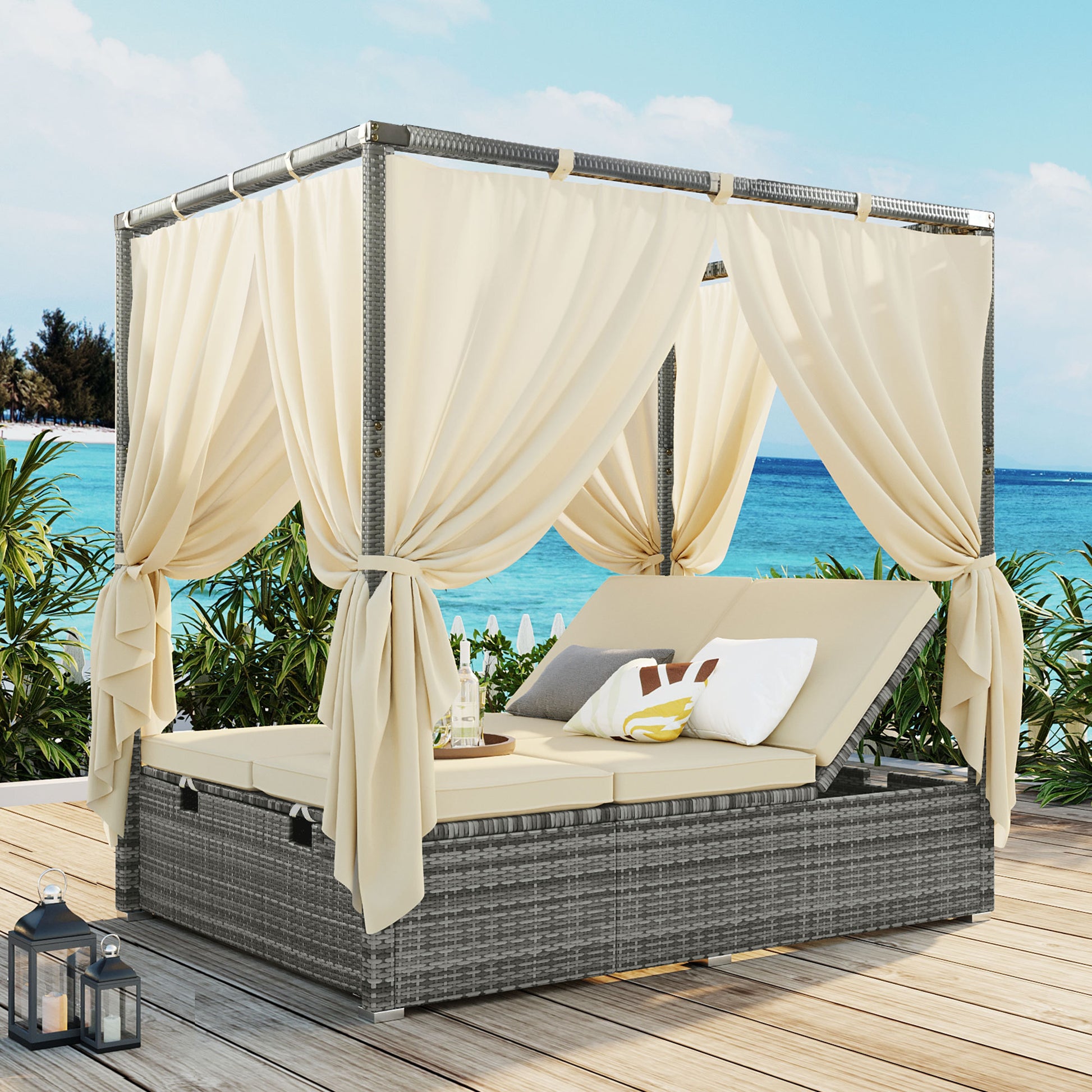 Adjustable Sun Bed With Curtain,High Comfort,With 3 Colors Beige Hdpe