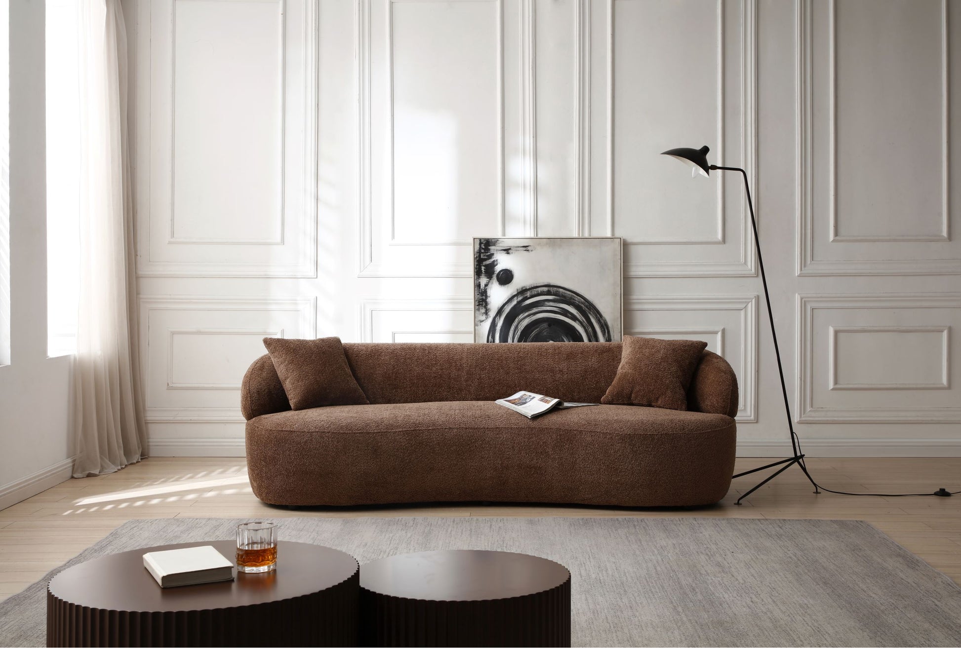 Borwn Mid Century Modern Curved Sofa, 3 Seat Cloud Couch Boucle Sofa Fabric Couch For Living Room, Bedroom, Office Dark Brown Boucle 3 Seat